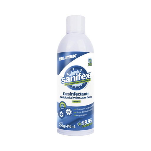 SANITIZANTE EN SPRAY, FORMULADO PARA DESINFECTAR LAS SUPERFICIES EN EL HOGAR, OFICINAS, ESCUELAS, HOSPITALES, CLINICAS, GIMNASIOS Y FABRICAS, PRESENTACIÓN 440 ML-Cajas Superficiales-SILIMEX-SANIFEX-SPRAY-440-Bsai Seguridad & Controles