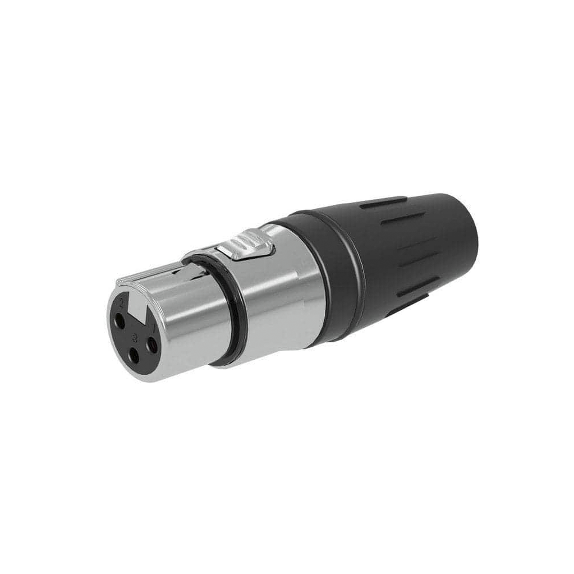 CONECTOR HEMBRA XLR DE 3 NÚCLEOS CON CARCASA DE ACERO INOXIDABLE Y CONTACTOS CHAPADOS EN ORO