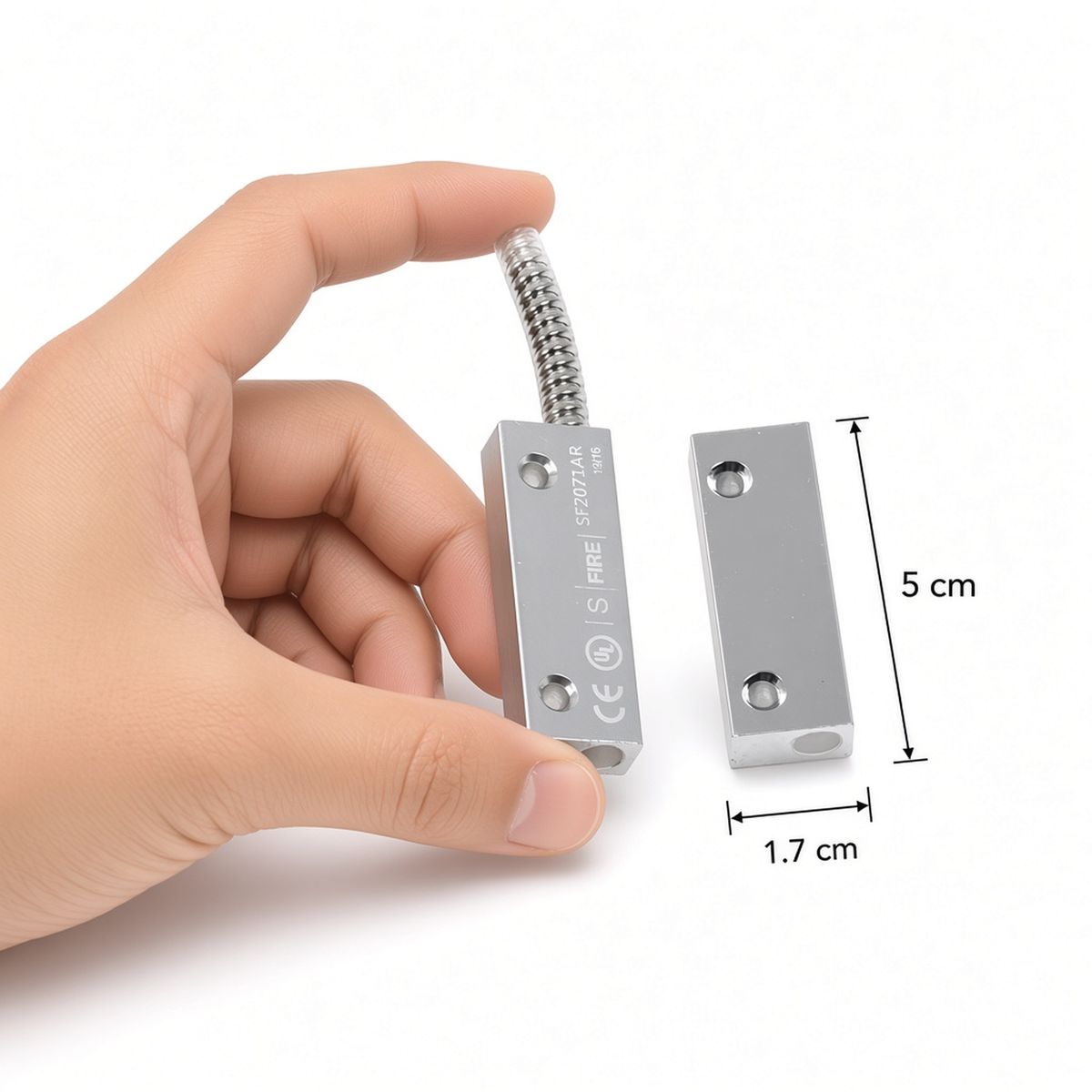 CONTACTO MAGNÉTICO / USO RUDO / GAP 42 MM / REED SWITCH NC / 12 VCC / CABLE 45 CM [SF-2071-AR] tamaño real