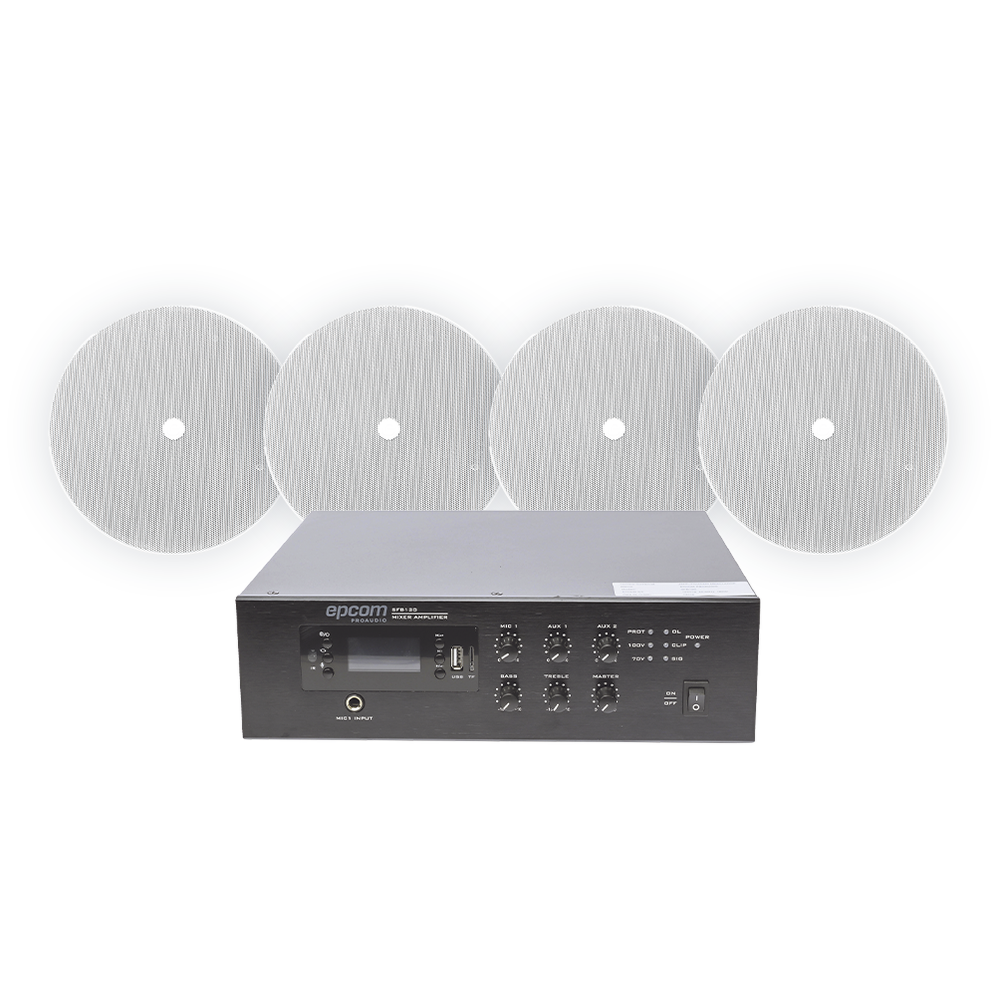 KIT DE AMPLIFICADOR DE 120W PARA ESCRITORIO | 4 ALTAVOCES 6" | MONTAJE EN TECHO | 20W | 70/100V-Audio residencial/Comercial-EPCOM PROAUDIO-Bsai Seguridad & Controles
