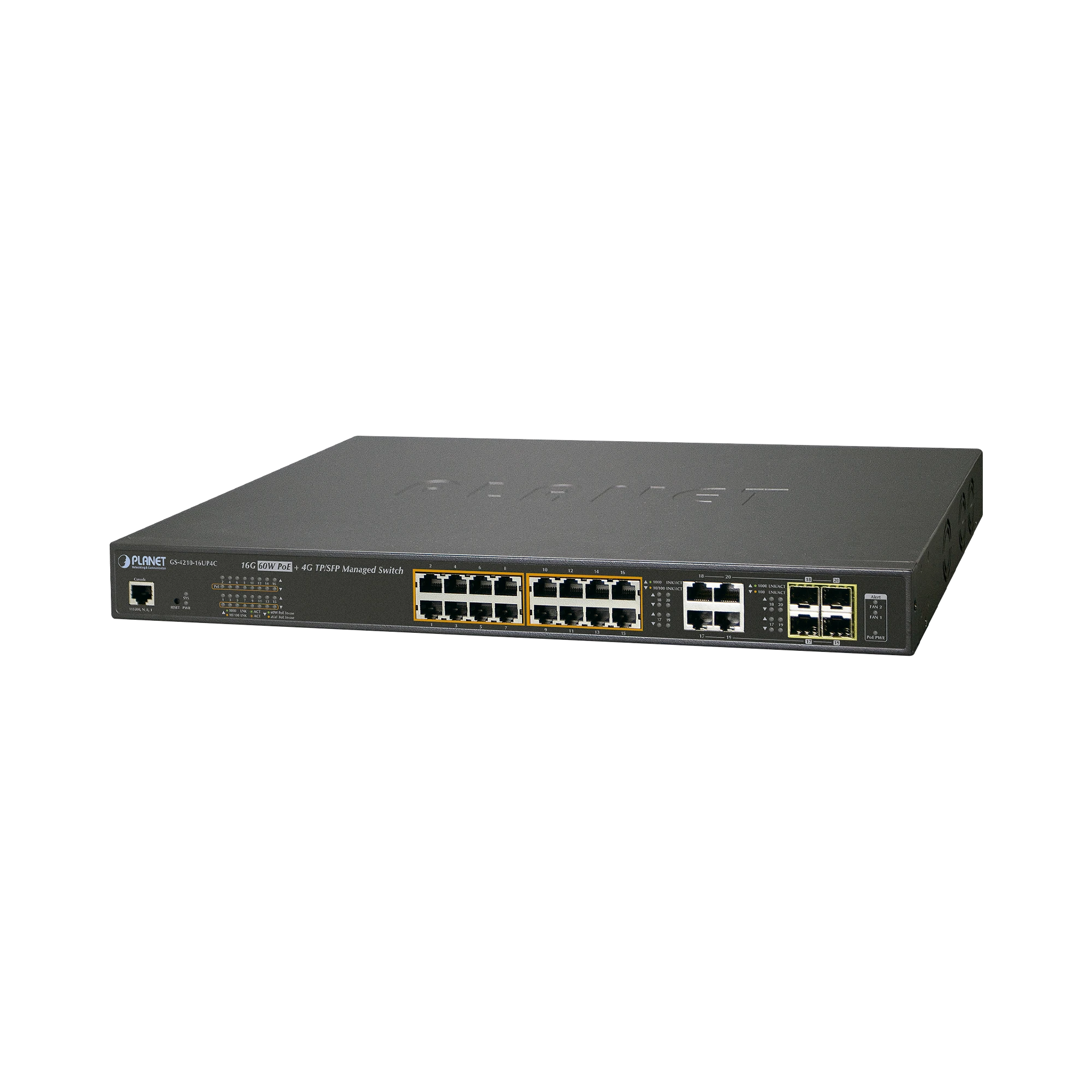 SWITCH ADMINISTRABLE L2, 16 PUERTOS 10/100/1000T ULTRA POE + 4 PUERTOS GIGABIT COMBO TP/SFP-Switches-PLANET-Bsai Seguridad & Controles