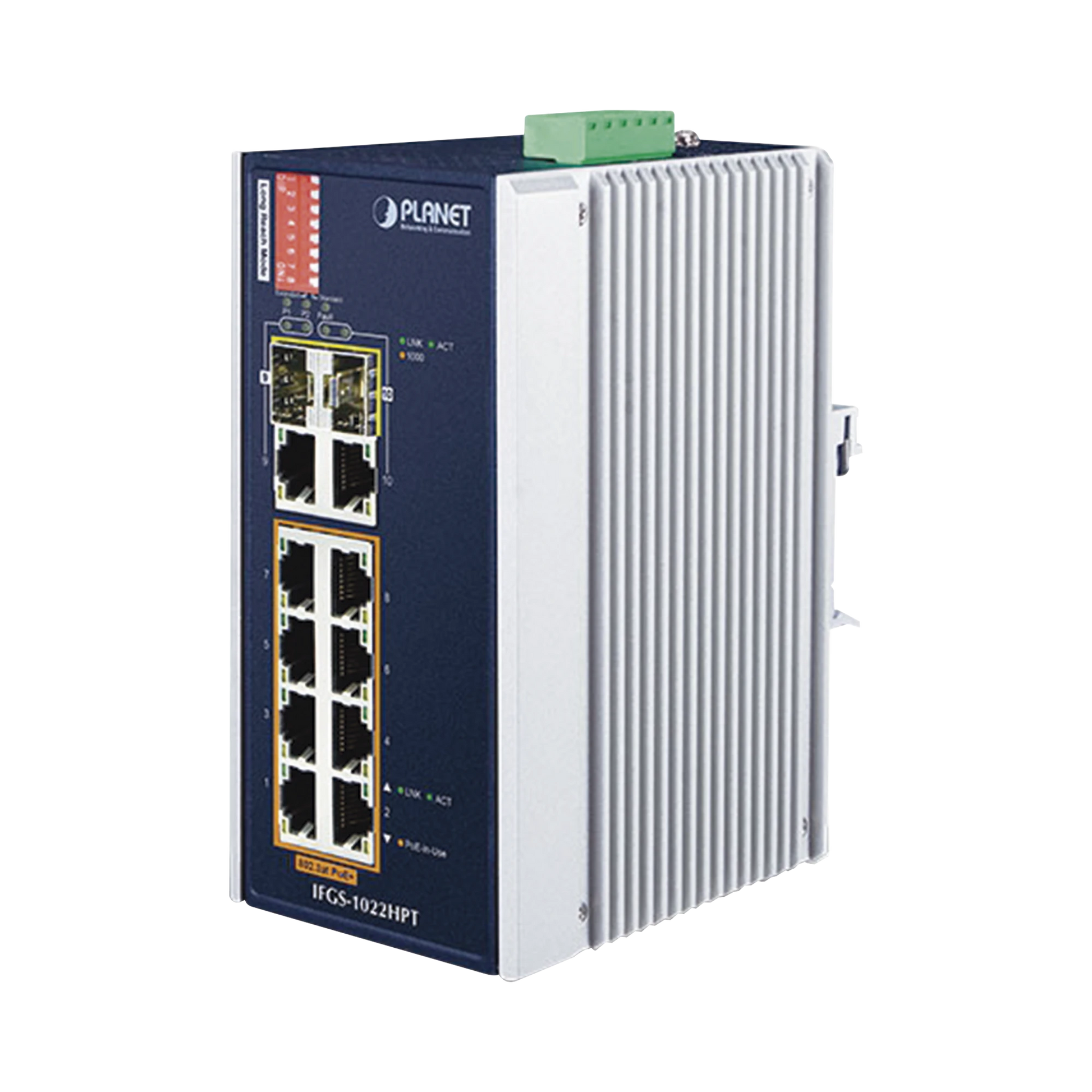 SWITCH INDUSTRIAL POE NO ADMINISTRABLE DE 8 PUERTOS 10/100TX 802.3AT, HASTA 240 W, COMBO TP / SFP GIGABIT TP / SFP (-40 ~ 75 GRADOS C)-Networking-PLANET-Bsai Seguridad & Controles