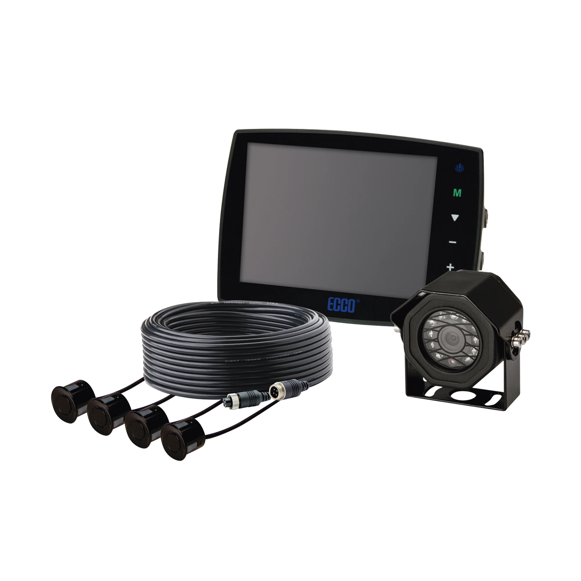 SISTEMA ALÁMBRICO DE CÁMARA Y MONITOR DE 5.6? CON SENSORES DE REVERSA-Luces Perimetrales-ECCO-Bsai Seguridad & Controles