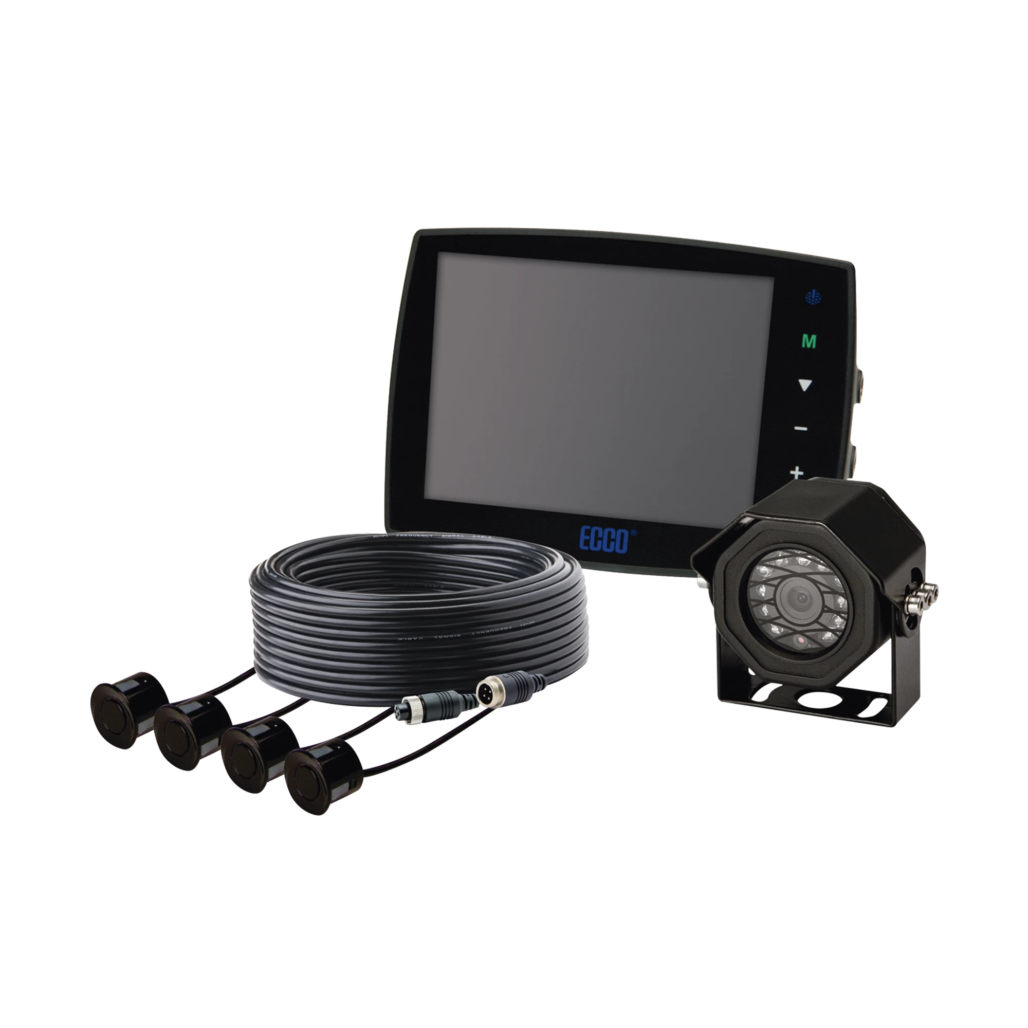 SISTEMA ALÁMBRICO DE CÁMARA Y MONITOR DE 5.6? CON SENSORES DE REVERSA-Luces Perimetrales-ECCO-Bsai Seguridad & Controles