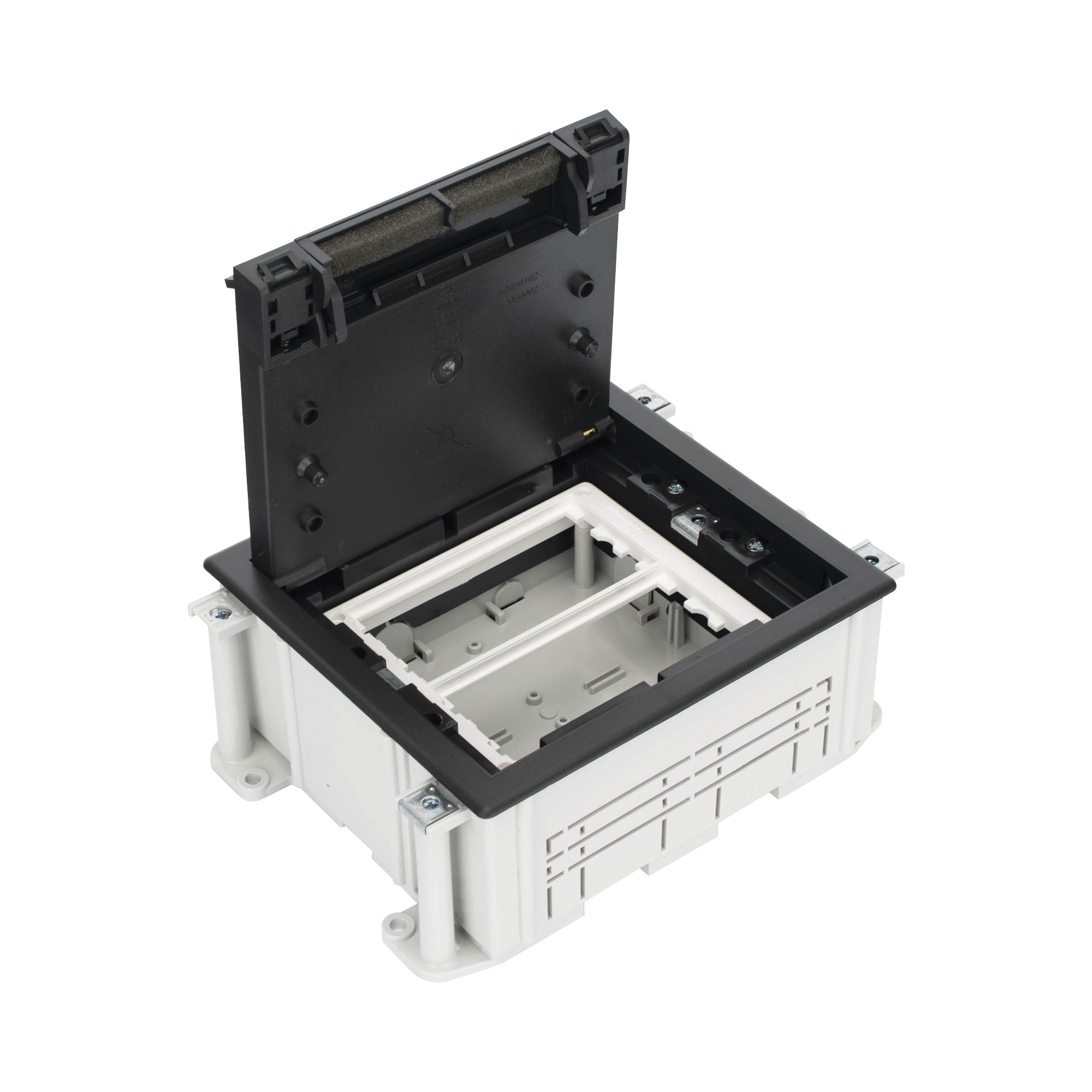 CAJA DE SUELO SIMON SERIE S / PARA VOZ, DATOS O CONTACTOS ELECTRICOS / CAPACIDAD PARA 2 MODULOS / CON REGISTRO INTEGRADO PARA FIJACION EN CONCRETO / PROFUNDIDAD AJUSTABLE DE 70 A 100 MM (2.76 A 3.94 PULGADAS) / ALTA RESISTENCIA MECANICA Y TERMICA