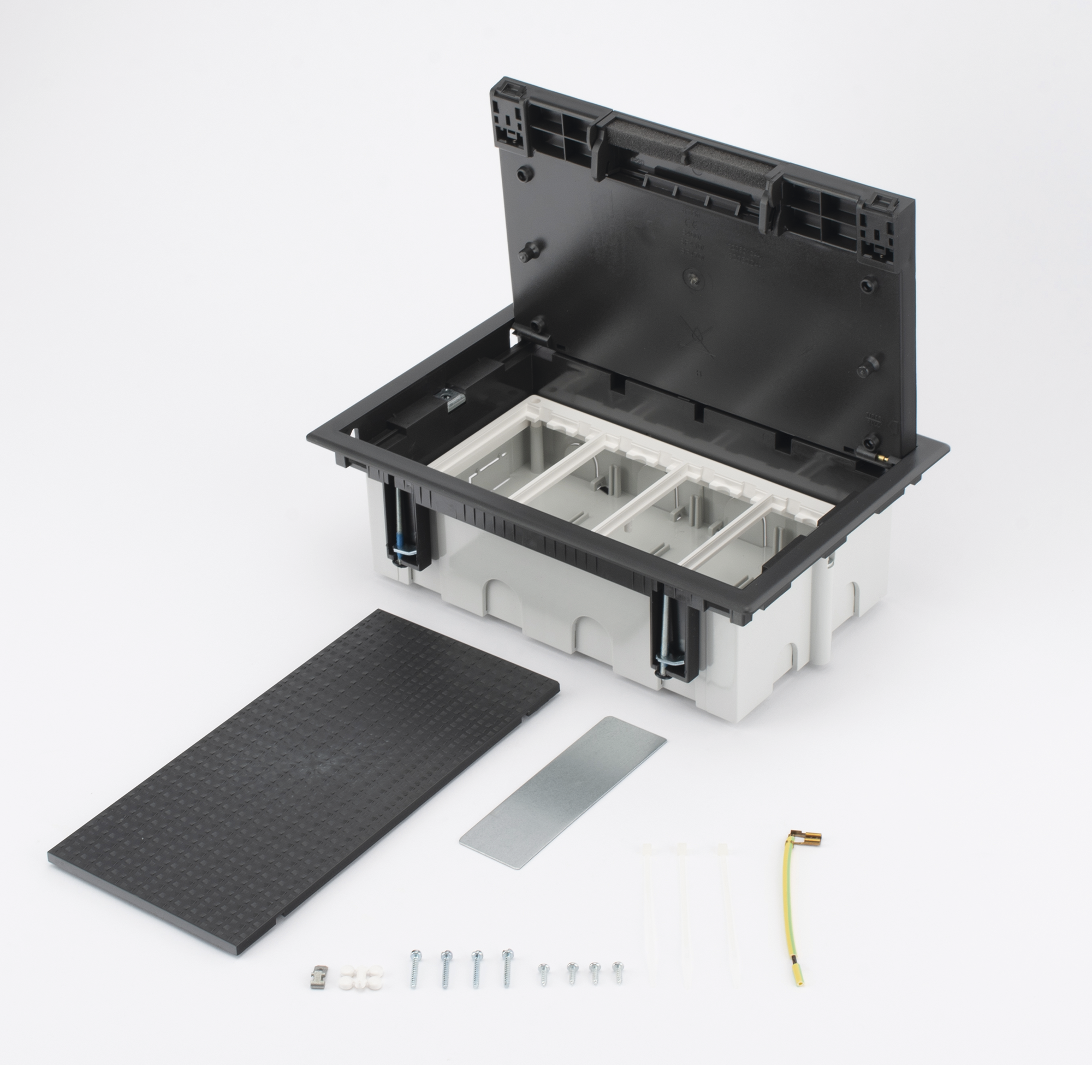 CAJA PARA INSTALACION EN PISO FALSO PARA VOZ, DATOS O CONTACTOS ELECTRICOS / CAPACIDAD PARA 4 MODULOS / ESPACIO EMBELLECEDOR EN LA TAPA / PROFUNDIDAD AJUSTABLE DE 90 A 120 MM (3.54 A 4.72 PULGADAS) / LOS MODULOS SE ADQUIEREN APARTE / (SF410/14CY)