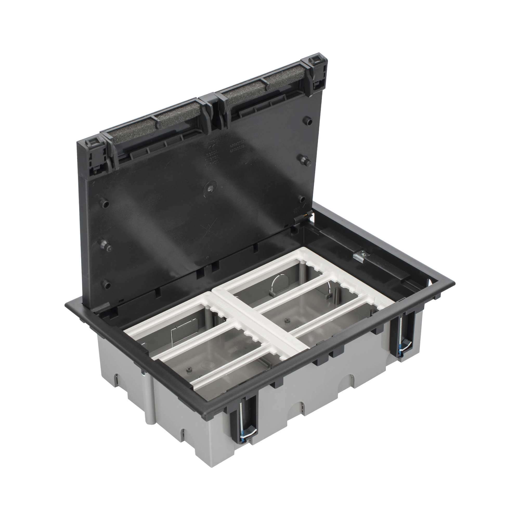 CAJA PARA INSTALACION EN PISO FALSO PARA VOZ, DATOS O CONTACTOS ELECTRICOS / CAPACIDAD PARA 6 MODULOS / ESPACIO EMBELLECEDOR EN LA TAPA / PROFUNDIDAD AJUSTABLE DE 90 A 120 MM (3.54 A 4.72 PULGADAS) / LOS MODULOS SE ADQUIEREN APARTE / (SF610/14CY)