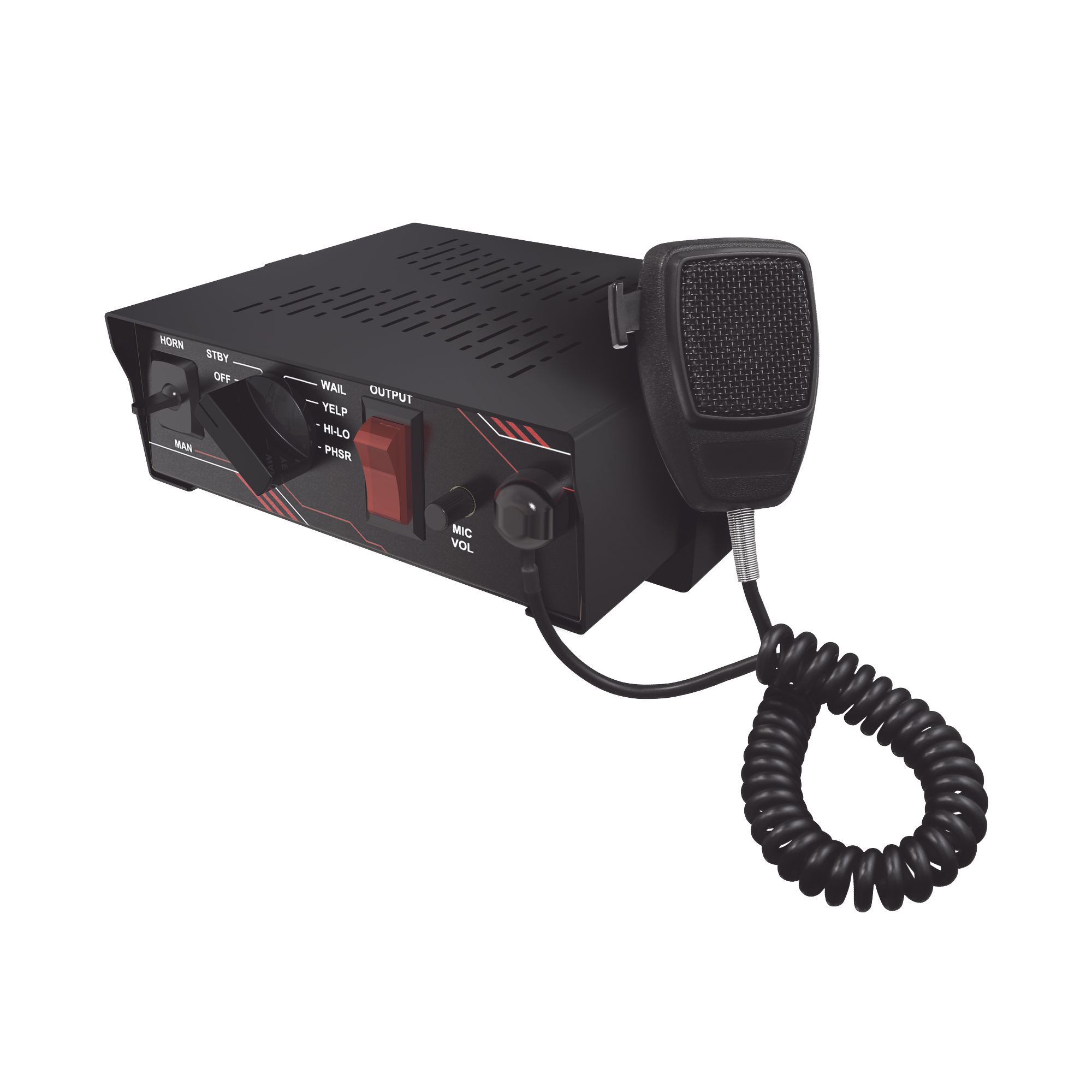 SIRENA VEHICULAR DE 100W DE POTENCIA, CON SWITCH GIRATORIO DE 6 POSICIONES Y MICRÓFONO INTEGRADO DE USO RUDO