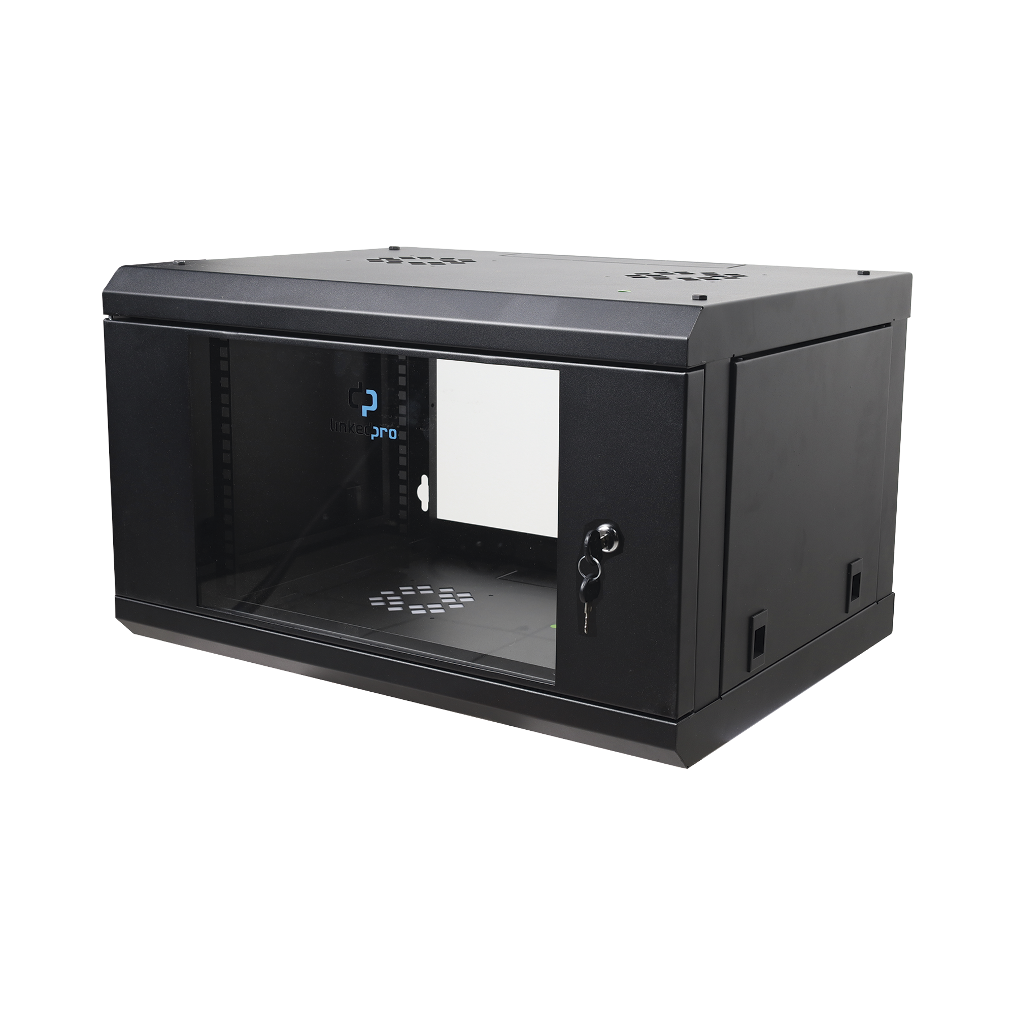 GABINETE DE PARED DE 6U CON PUERTA DE CRISTAL TEMPLADO, 455 MM DE PROFUNDIDAD TOTAL, RACK DE 19IN, ACERO REFORZADO COLOR NEGRO.
