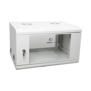 GABINETE DE PARED DE 6U CON PUERTA DE CRISTAL TEMPLADO, 455 MM DE PROFUNDIDAD TOTAL, RACK DE 19'', ACERO REFORZADO COLOR GRIS MATE