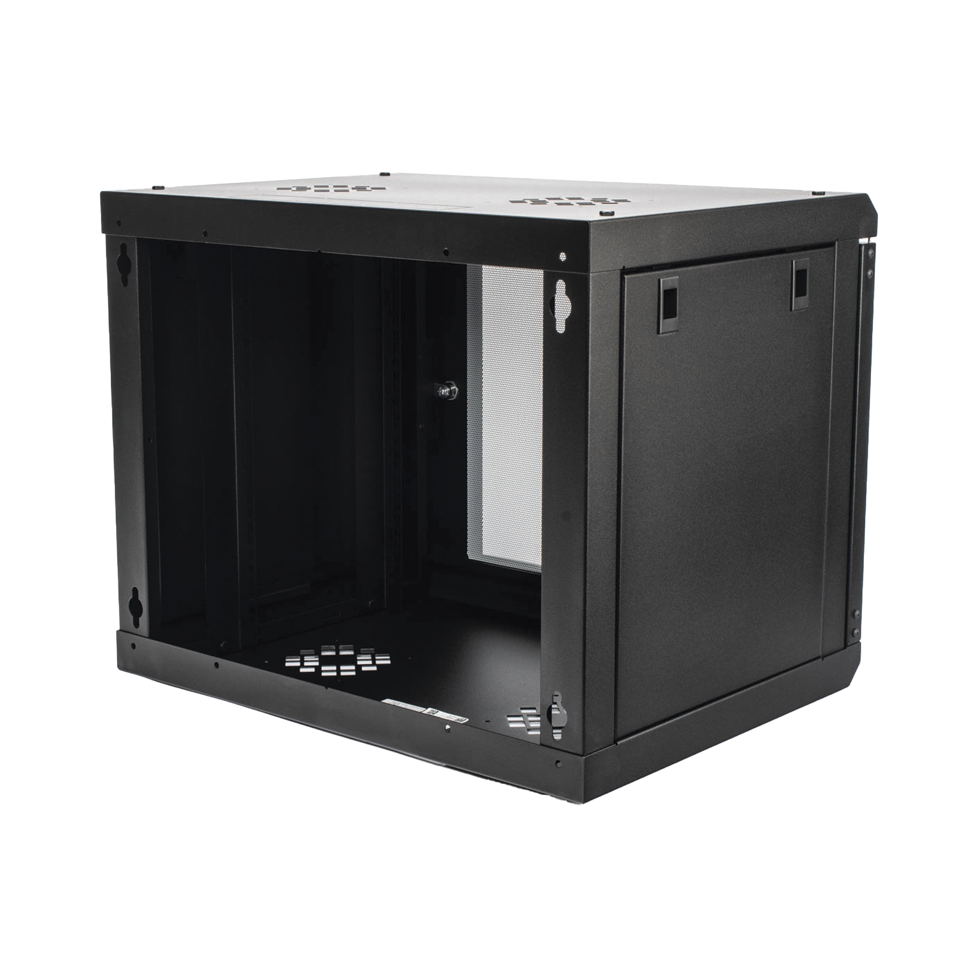GABINETE DE PARED DE 9U CON PUERTA DE CRISTAL TEMPLADO, 455 MM DE PROFUNDIDAD, RACK DE 19'', ACERO REFORZADO COLOR NEGRO.