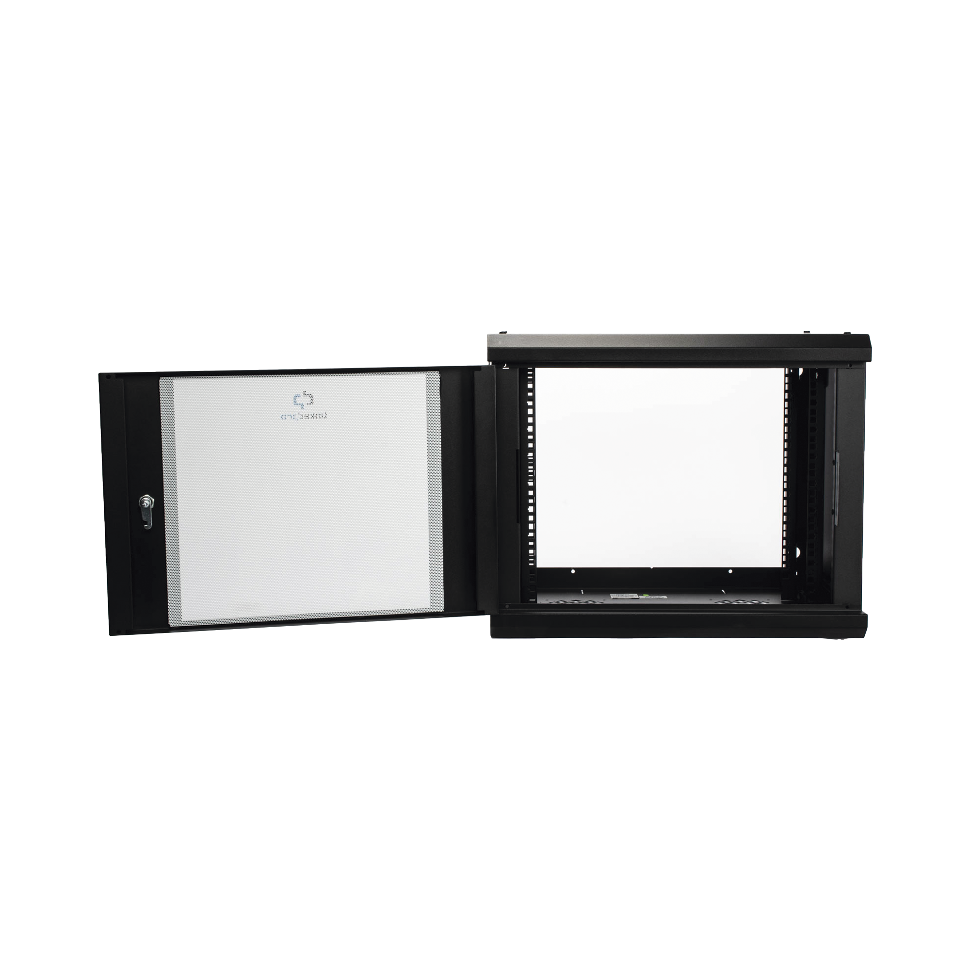 GABINETE DE PARED DE 9U CON PUERTA DE CRISTAL TEMPLADO, 455 MM DE PROFUNDIDAD, RACK DE 19'', ACERO REFORZADO COLOR NEGRO.