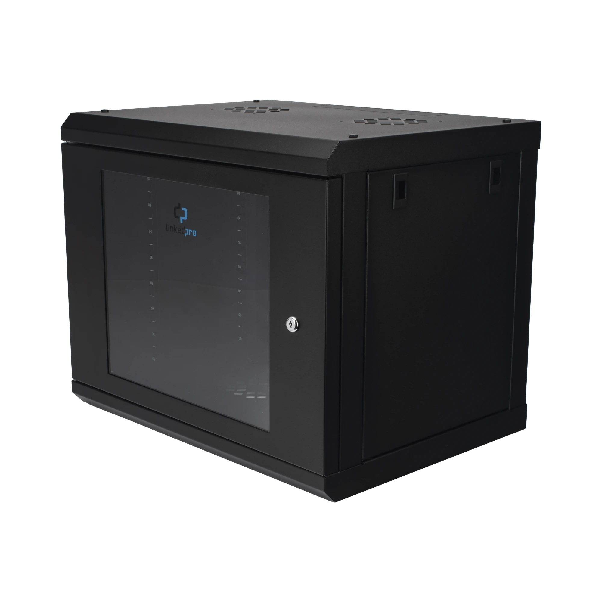 GABINETE DE PARED CON PUERTA DE CRISTAL TEMPLADO, 455 MM DE PROFUNDIDAD, 9U RACK DE 19'', ACERO REFORZADO