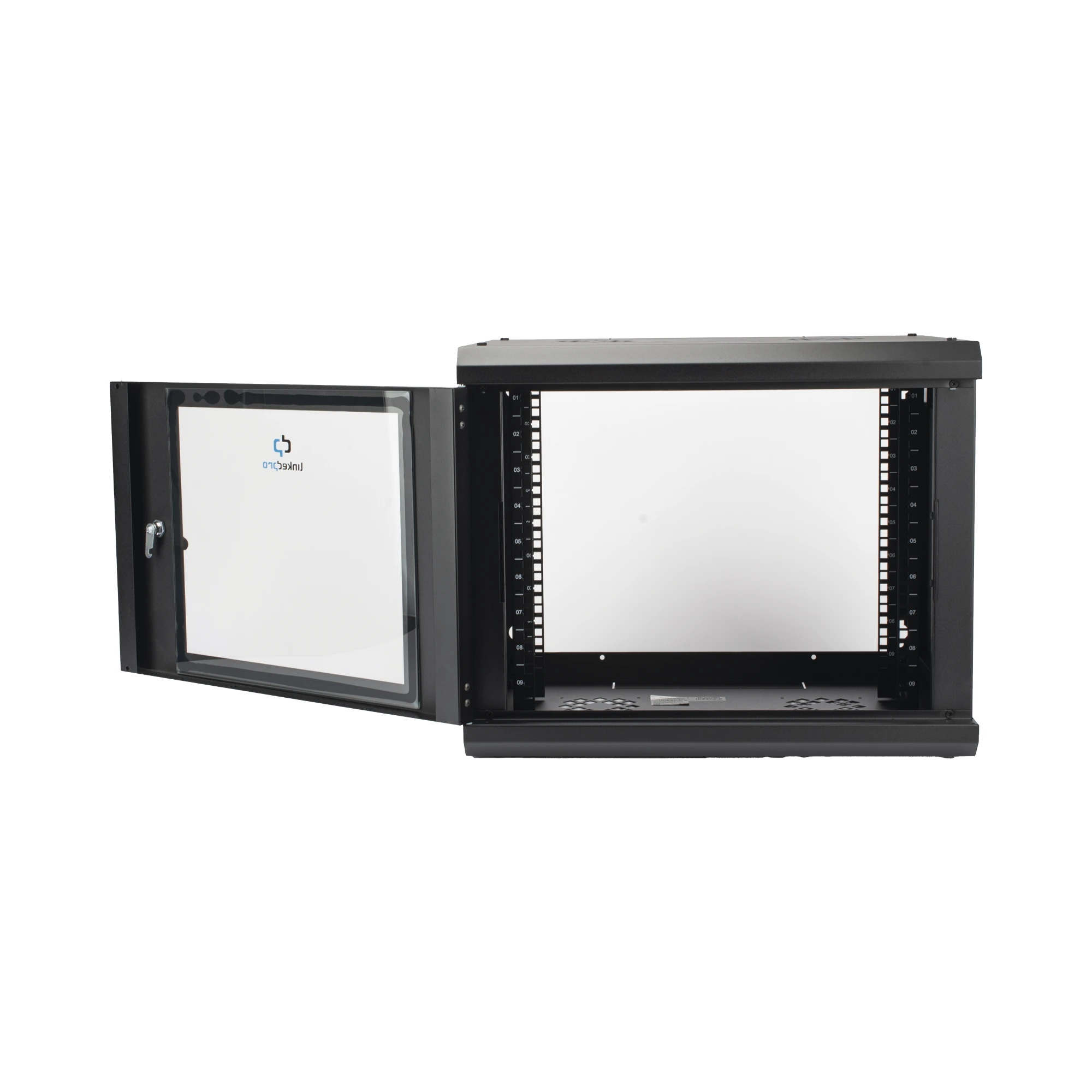 GABINETE DE PARED CON PUERTA DE CRISTAL TEMPLADO, 455 MM DE PROFUNDIDAD, 9U RACK DE 19'', ACERO REFORZADO