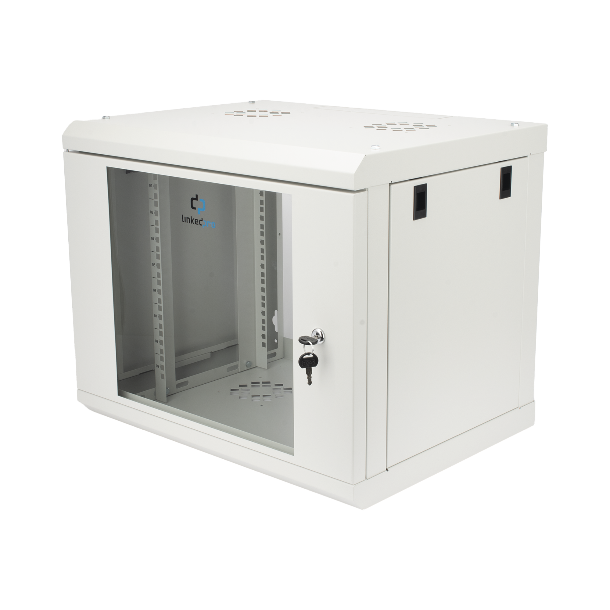 GABINETE DE PARED DE 9U CON PUERTA DE CRISTAL TEMPLADO, 479.5 MM DE PROFUNDIDAD, RACK DE 19'', ACERO REFORZADO GRIS MATE