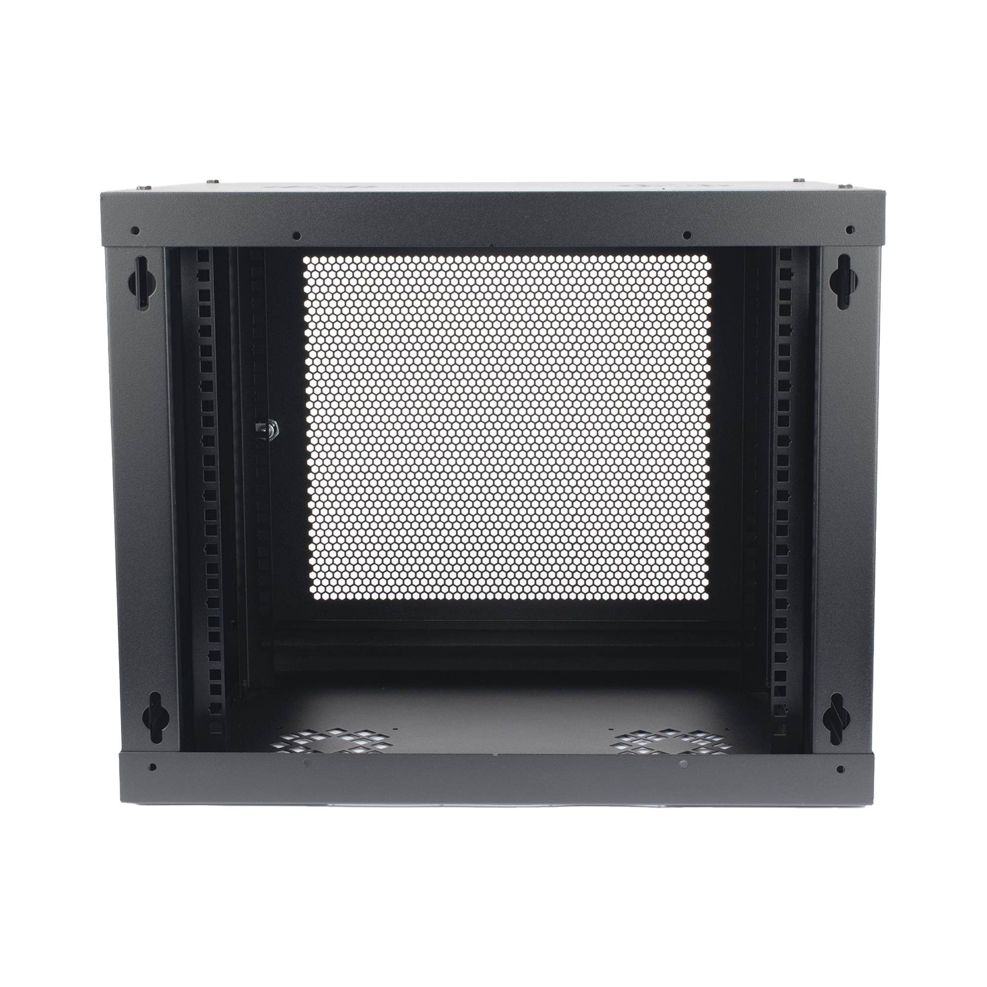 GABINETE DE PARED DE 9U CON PUERTA PERFORADA, 455 MM DE PROFUNDIDAD, RACK DE 19'', ACERO REFORZADO COLOR NEGRO.