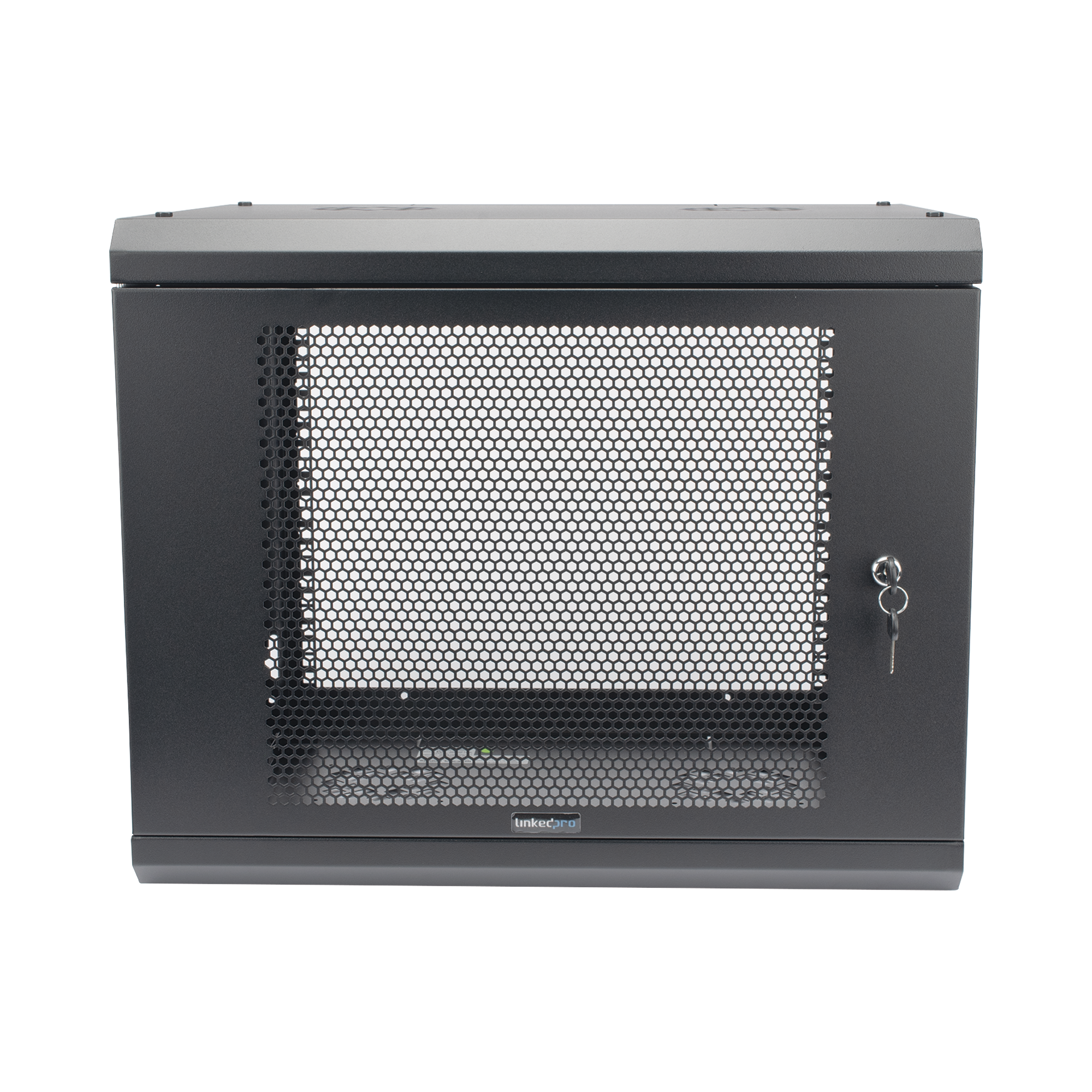 GABINETE DE PARED DE 9U CON PUERTA PERFORADA, 455 MM DE PROFUNDIDAD, RACK DE 19'', ACERO REFORZADO COLOR NEGRO.