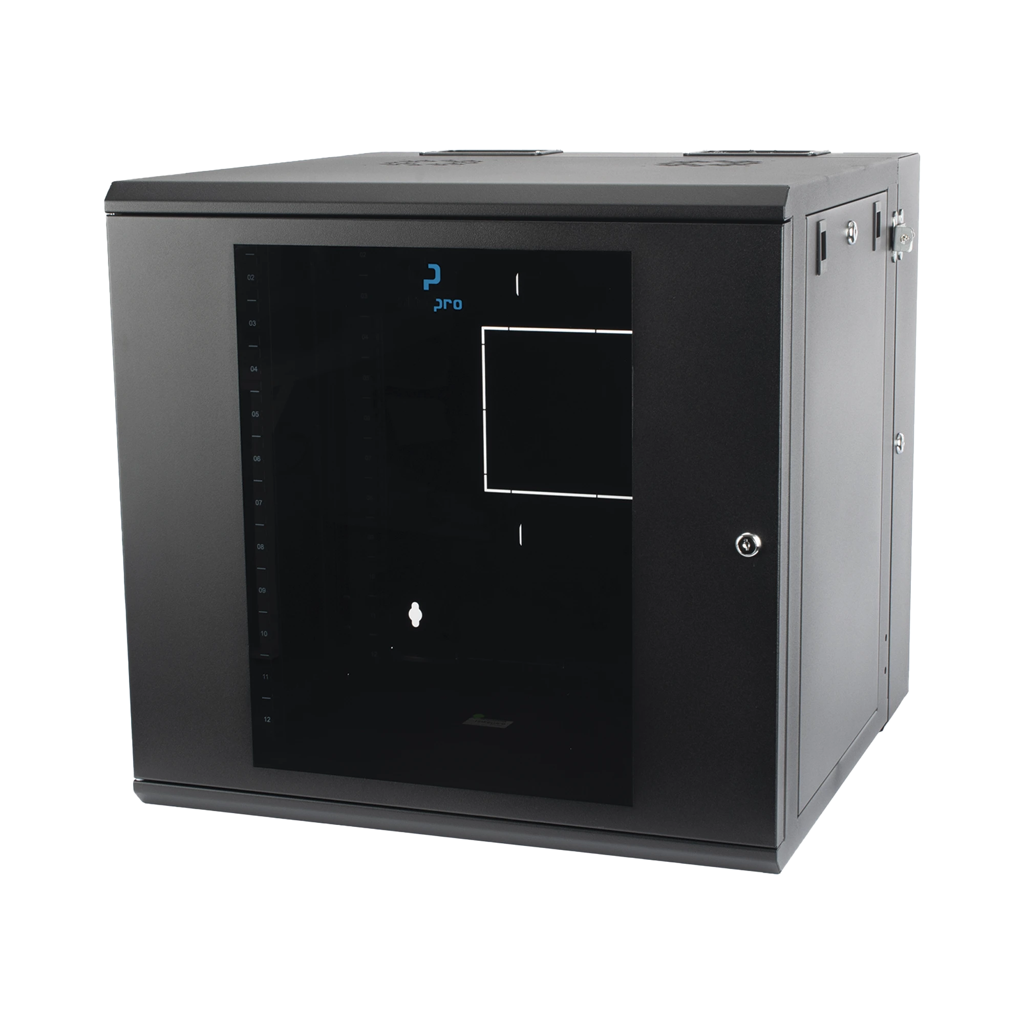 GABINETE ABATIBLE DE PARED (CON MARCO TRASERO) CON RACK 19" DE 12 UNIDADES. VENTANA DE CRISTAL TEMPLADO.
