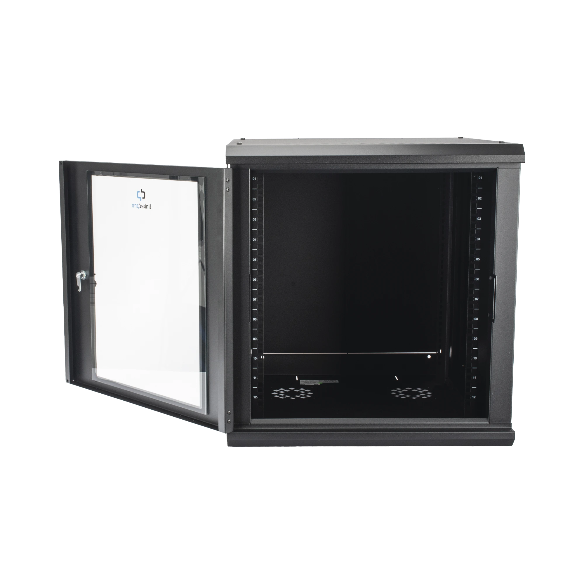 GABINETE RACK DE PARED 12 UNIDADES / 19 PULGADAS / VENTILADO / PUERTA DE VIDRIO / ACERO CALIBRE 18 / CARGA 100 KG / 635 X 606 X 612 MM (25 X 23.9 X 24.1 IN) / PINTURA ELECTROSTÁTICA / NEGRO