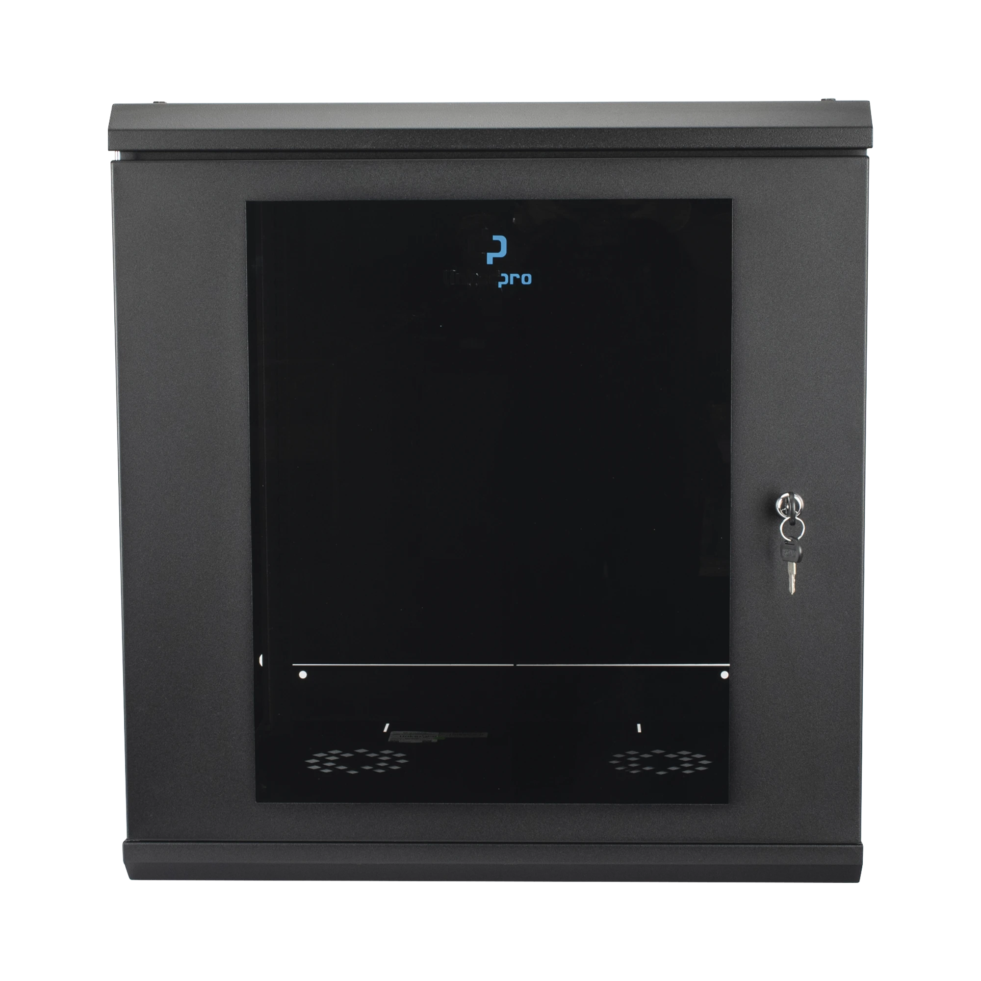 GABINETE RACK DE PARED 12 UNIDADES / 19 PULGADAS / VENTILADO / PUERTA DE VIDRIO / ACERO CALIBRE 18 / CARGA 100 KG / 635 X 606 X 612 MM (25 X 23.9 X 24.1 IN) / PINTURA ELECTROSTÁTICA / NEGRO