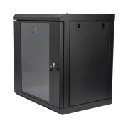 GABINETE DE PARED DE 12U CON PUERTA DE CRISTAL TEMPLADO, 455 MM DE PROFUNDIDAD, RACK DE 19'', ACERO REFORZADO COLOR NEGRO.