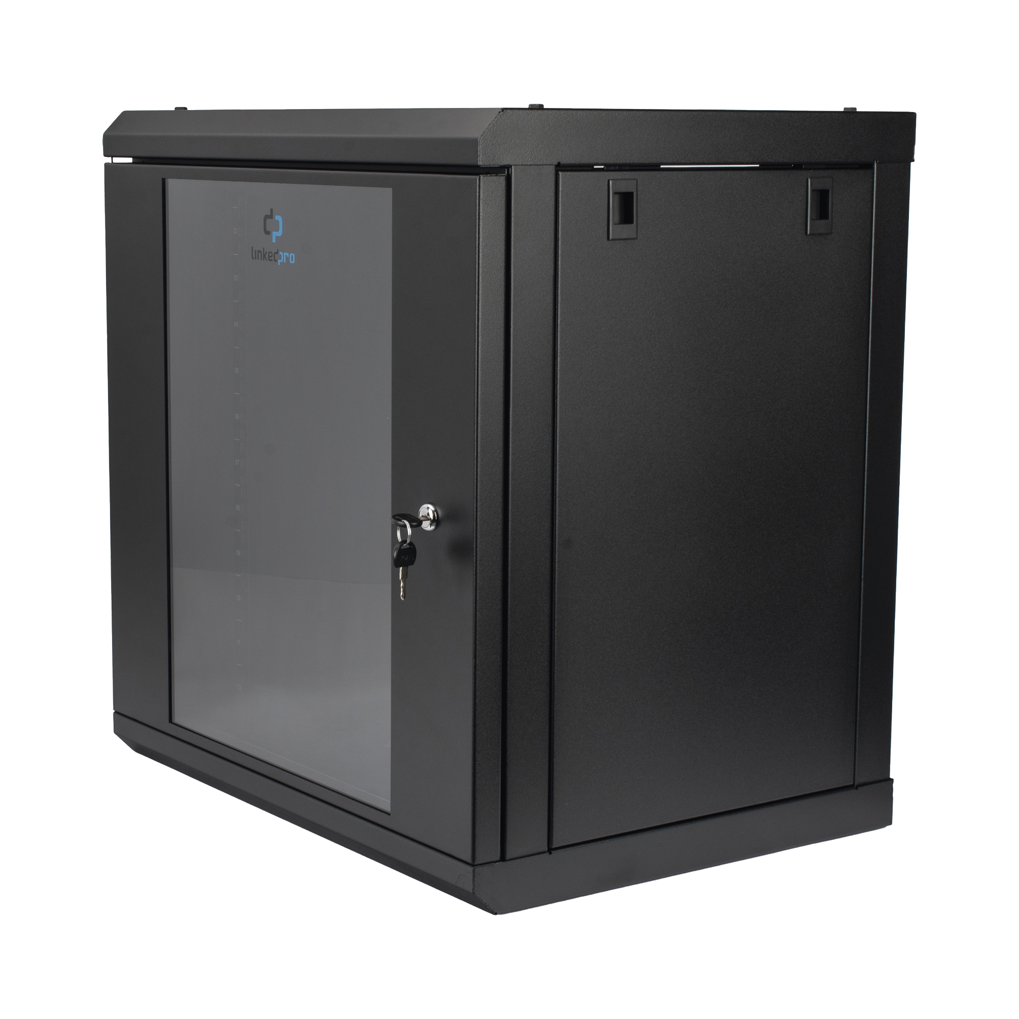 GABINETE DE PARED DE 12U CON PUERTA DE CRISTAL TEMPLADO, 455 MM DE PROFUNDIDAD, RACK DE 19'', ACERO REFORZADO COLOR NEGRO.