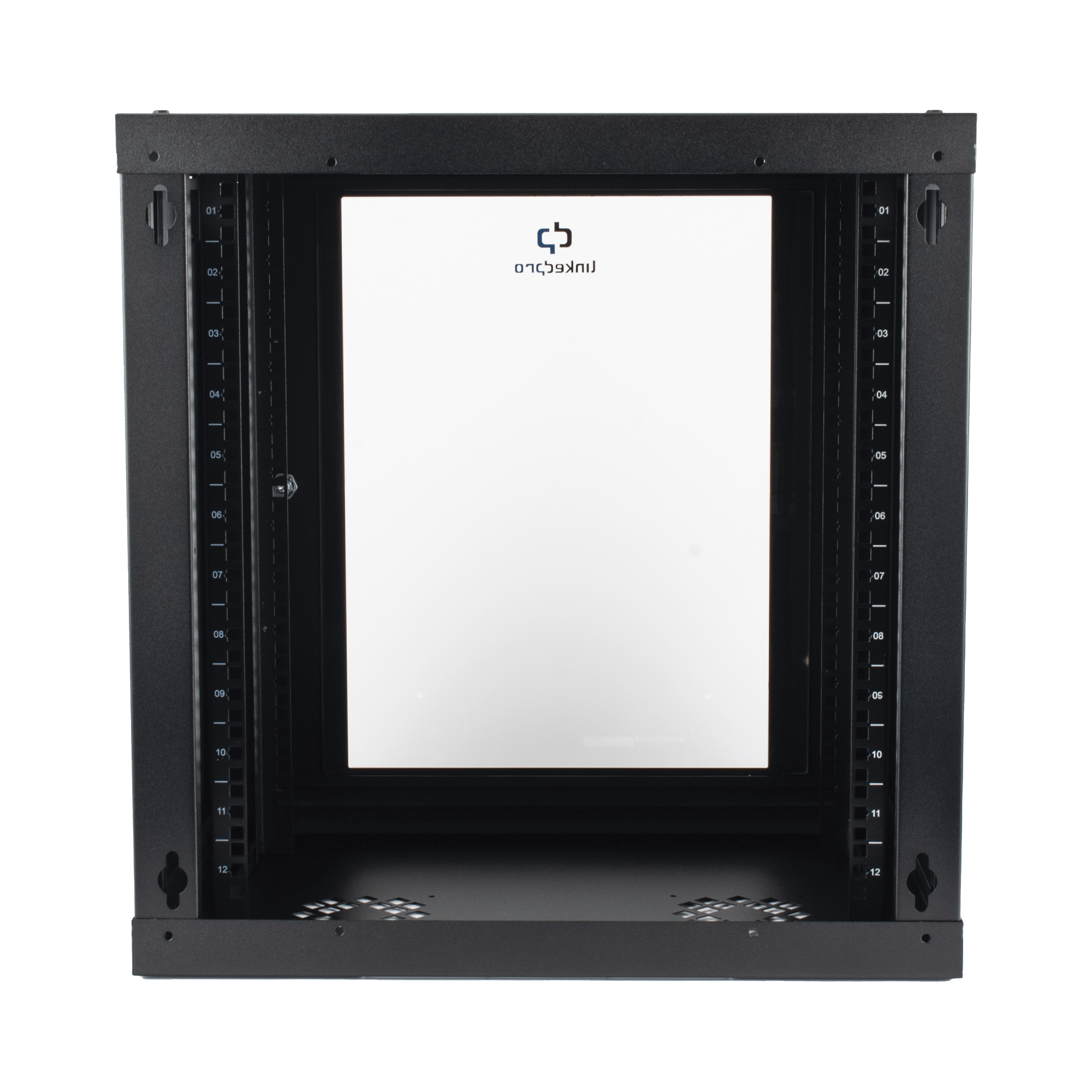 GABINETE DE PARED DE 12U CON PUERTA DE CRISTAL TEMPLADO, 455 MM DE PROFUNDIDAD, RACK DE 19'', ACERO REFORZADO COLOR NEGRO.