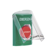 ??BOTÓN MULTIPROPÓSITO, COLOR VERDE, DE SUPERFICIE, CON TAPA DE POLICARBONATO, CON BOCINA PRE ALARMA, SOLO INTERIOR, LLAVE PARA RESTABLECER, TEXTO DE EMERGENCIA, ESPAÑOL
