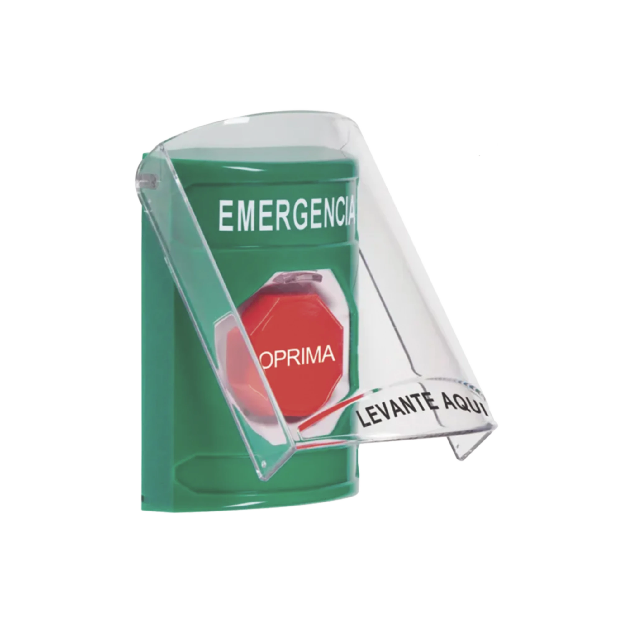 ??BOTÓN MULTIPROPÓSITO, COLOR VERDE, DE SUPERFICIE, CON TAPA DE POLICARBONATO, CON BOCINA PRE ALARMA, SOLO INTERIOR, LLAVE PARA RESTABLECER, TEXTO DE EMERGENCIA, ESPAÑOL