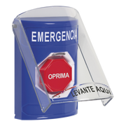 BOTÓN MULTIPROPÓSITO, COLOR AZUL, DE SUPERFICIE, CON TAPA DE POLICARBONATO, SIN BOCINA PREALARMA, PARA INTERIOR, GIRAR PARA RESTABLECER, TEXTO DE EMERGENCIA, ESPAÑOL