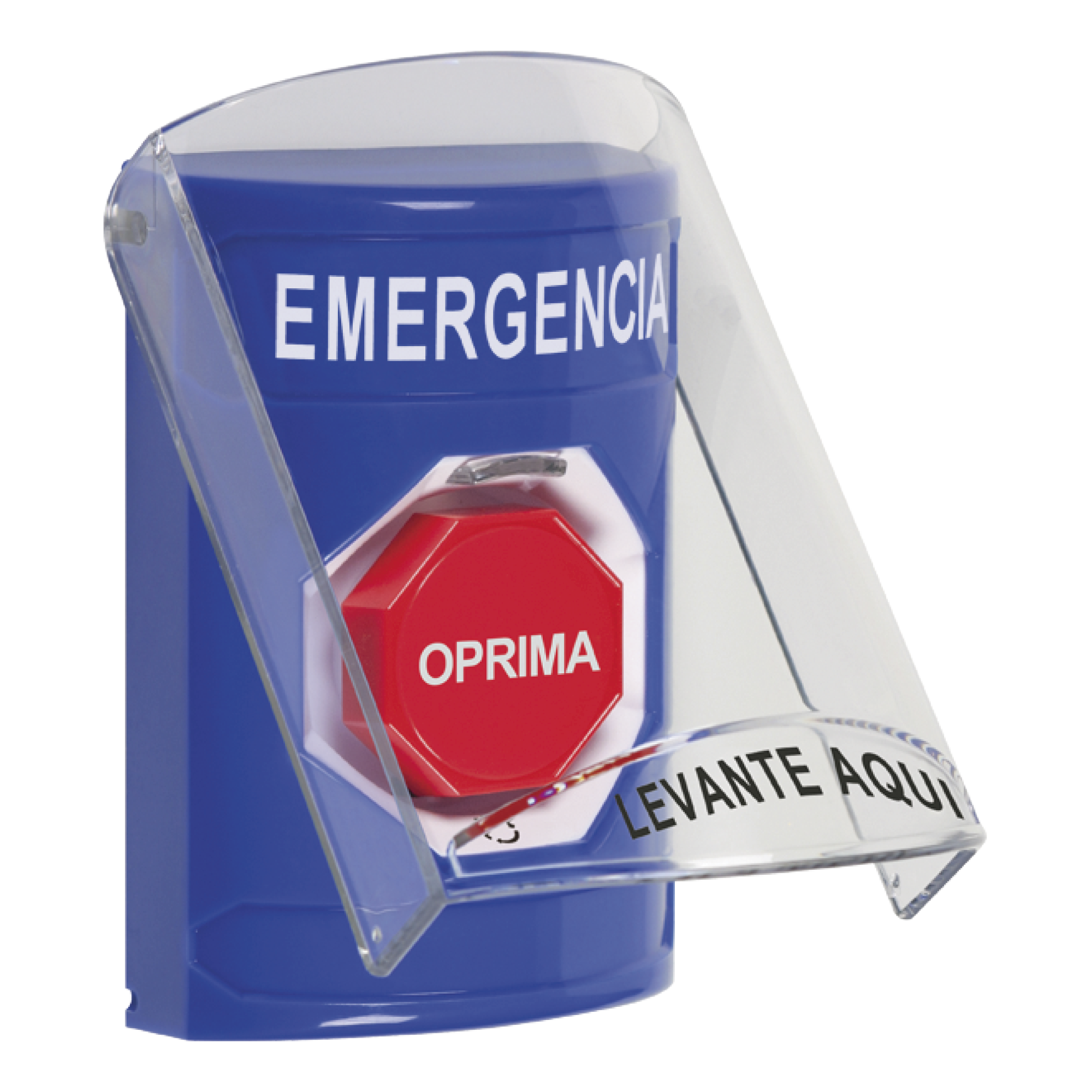 BOTÓN MULTIPROPÓSITO, COLOR AZUL, DE SUPERFICIE, CON TAPA DE POLICARBONATO, SIN BOCINA PREALARMA, PARA INTERIOR, GIRAR PARA RESTABLECER, TEXTO DE EMERGENCIA, ESPAÑOL