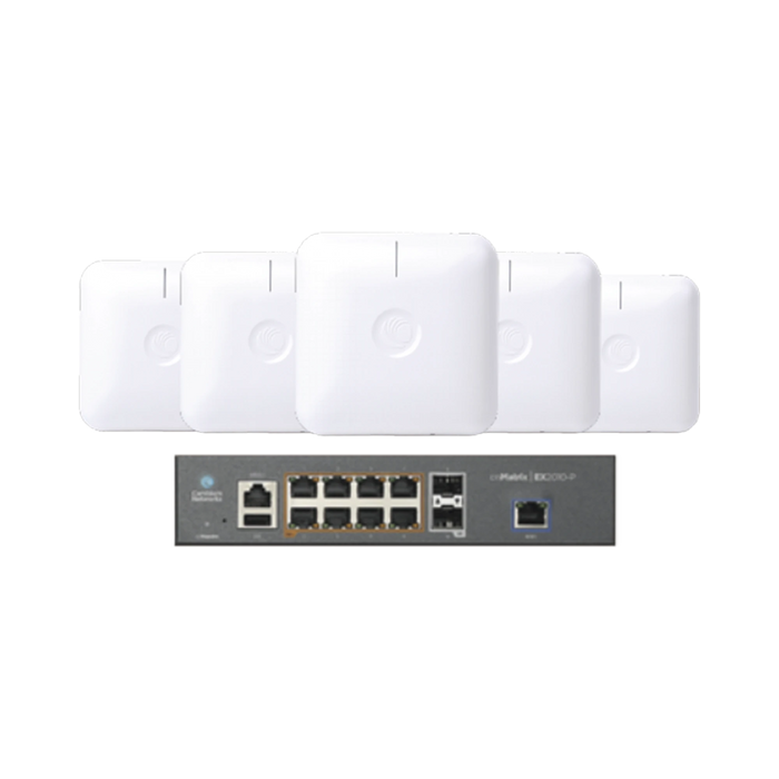 STARTER KIT WI-FI EMPRESARIAL DE 5 ACCESS POINT PLE410 Y 1 SWITCH POE EX2010P-Redes WiFi-CAMBIUM NETWORKS-SKIT-CNPILOT-CO-Bsai Seguridad & Controles