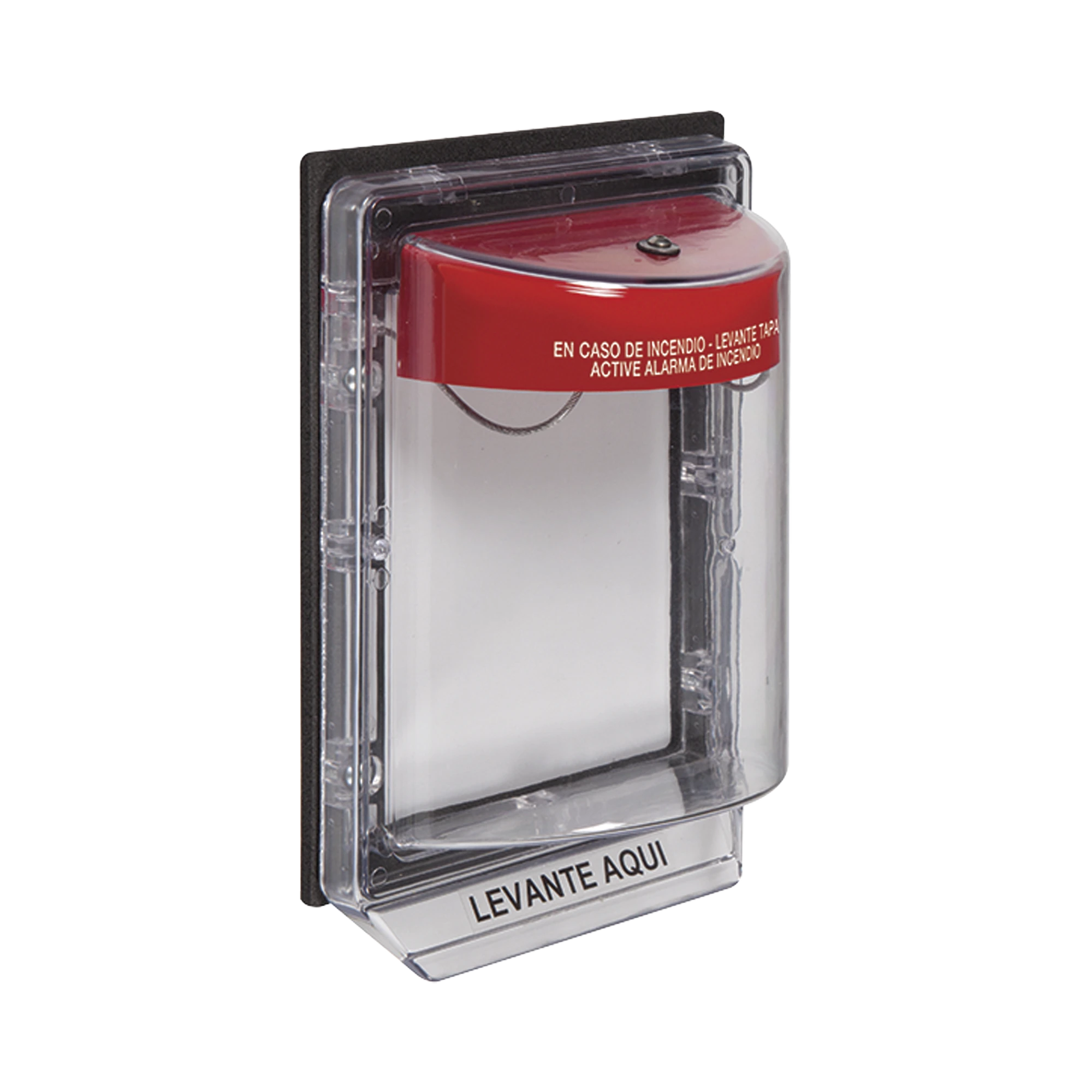 CUBIERTA PROTECTORA SERIE STOPPER II® DE POLICARBONATO, CON ALARMA, MONTAJE EN SUPERFICIE, INTERIOR/EXTERIOR, ETIQUETA EN ESPAÑOL