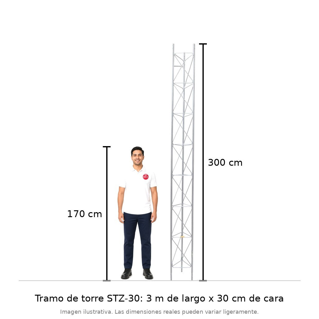 TRAMO DE TORRE ARRIOSTRADA / 3 M (9.8 FT) X 30 CM / GALVANIZADO ELECTROLÍTICO / ACERO A-36 / RESISTENCIA VIENTO 200 KM/H / CARGA 200 KG [STZ-30] tamaño real