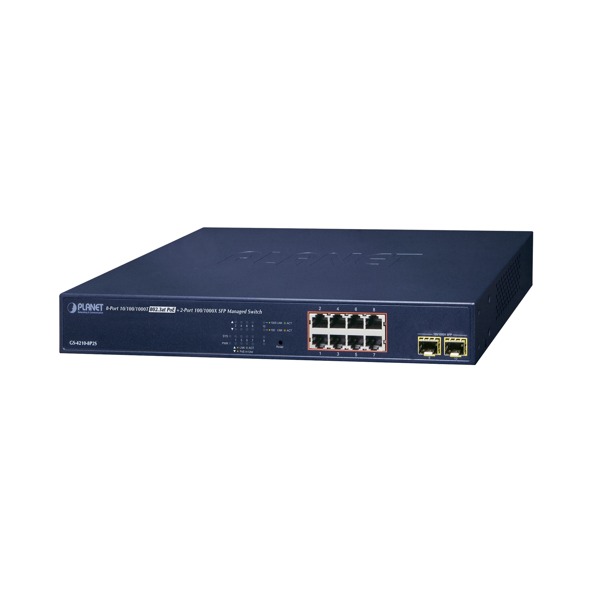 SWITCH ADMINISTRABLE 8 PUERTOS GIGABIT POE 802.3AT EXTEND MODE HASTA 250 MTS, 2 PUERTOS SFP (120W)-PoE de Largo Alcance-PLANET-Bsai Seguridad & Controles