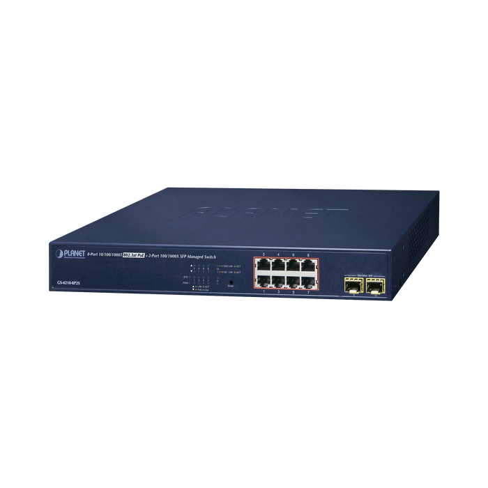 SWITCH ADMINISTRABLE 8 PUERTOS GIGABIT POE 802.3AT EXTEND MODE HASTA 250 MTS, 2 PUERTOS SFP (120W)-PoE de Largo Alcance-PLANET-GS-4210-8P2S-Bsai Seguridad & Controles