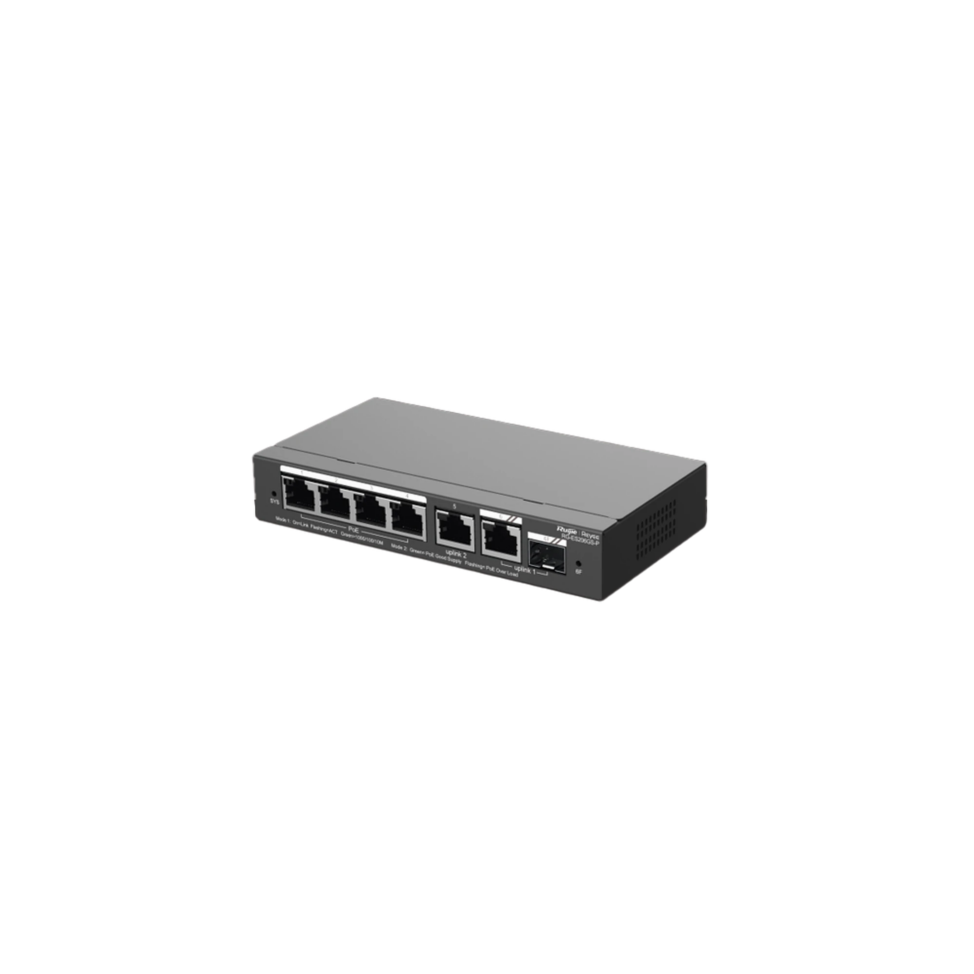SWITCH ADMINISTRABLE CON 4 PUERTOS GIGABIT POE, 2 UPLINK GIGABIT Y 1 UPLINK GIGABIT PARA FIBRA SFP EN COMBO, GESTIÓN GRATUITA DESDE LA NUBE-Networking-RUIJIE-Bsai Seguridad & Controles
