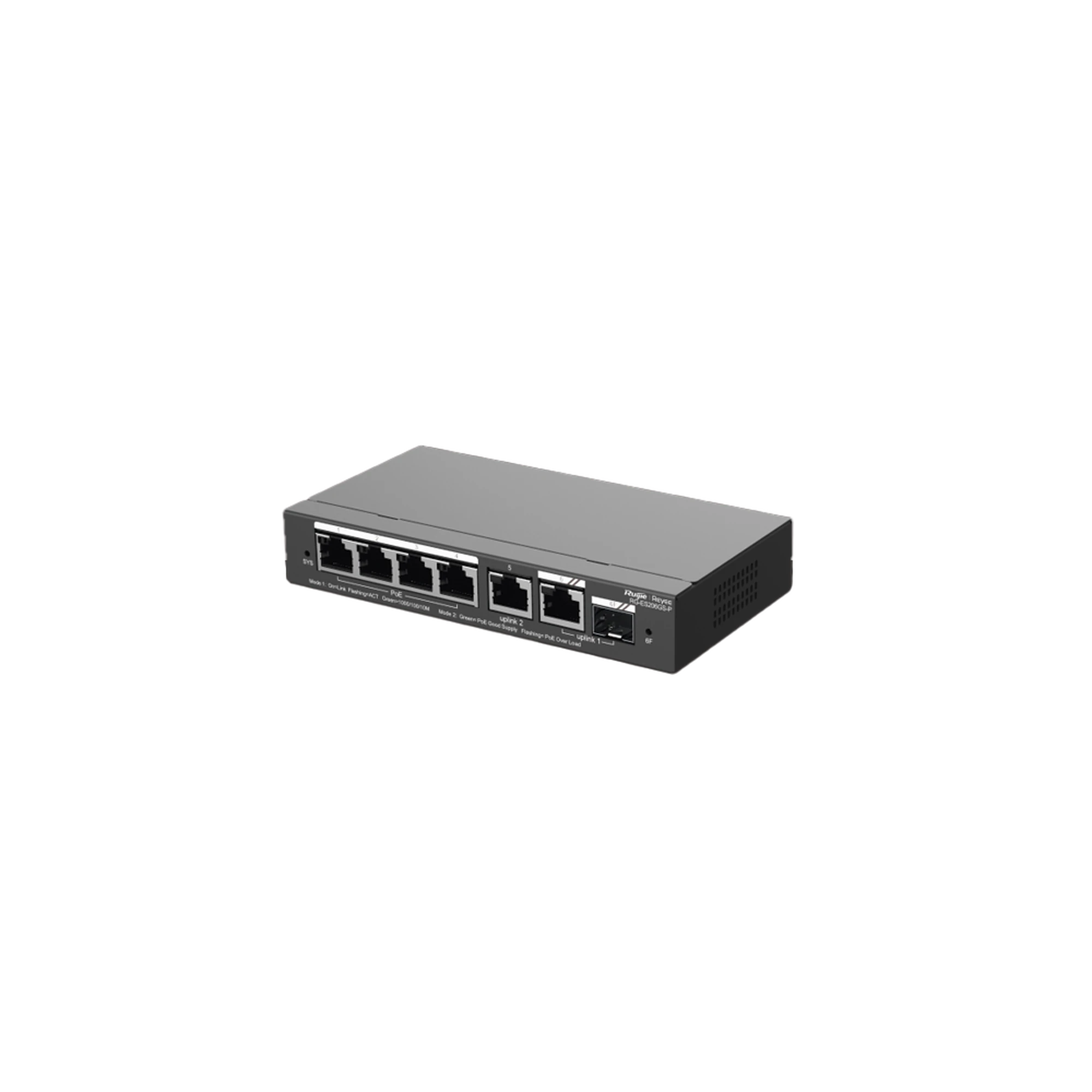 SWITCH ADMINISTRABLE CON 4 PUERTOS GIGABIT POE, 2 UPLINK GIGABIT Y 1 UPLINK GIGABIT PARA FIBRA SFP EN COMBO, GESTIÓN GRATUITA DESDE LA NUBE-Networking-RUIJIE-Bsai Seguridad & Controles