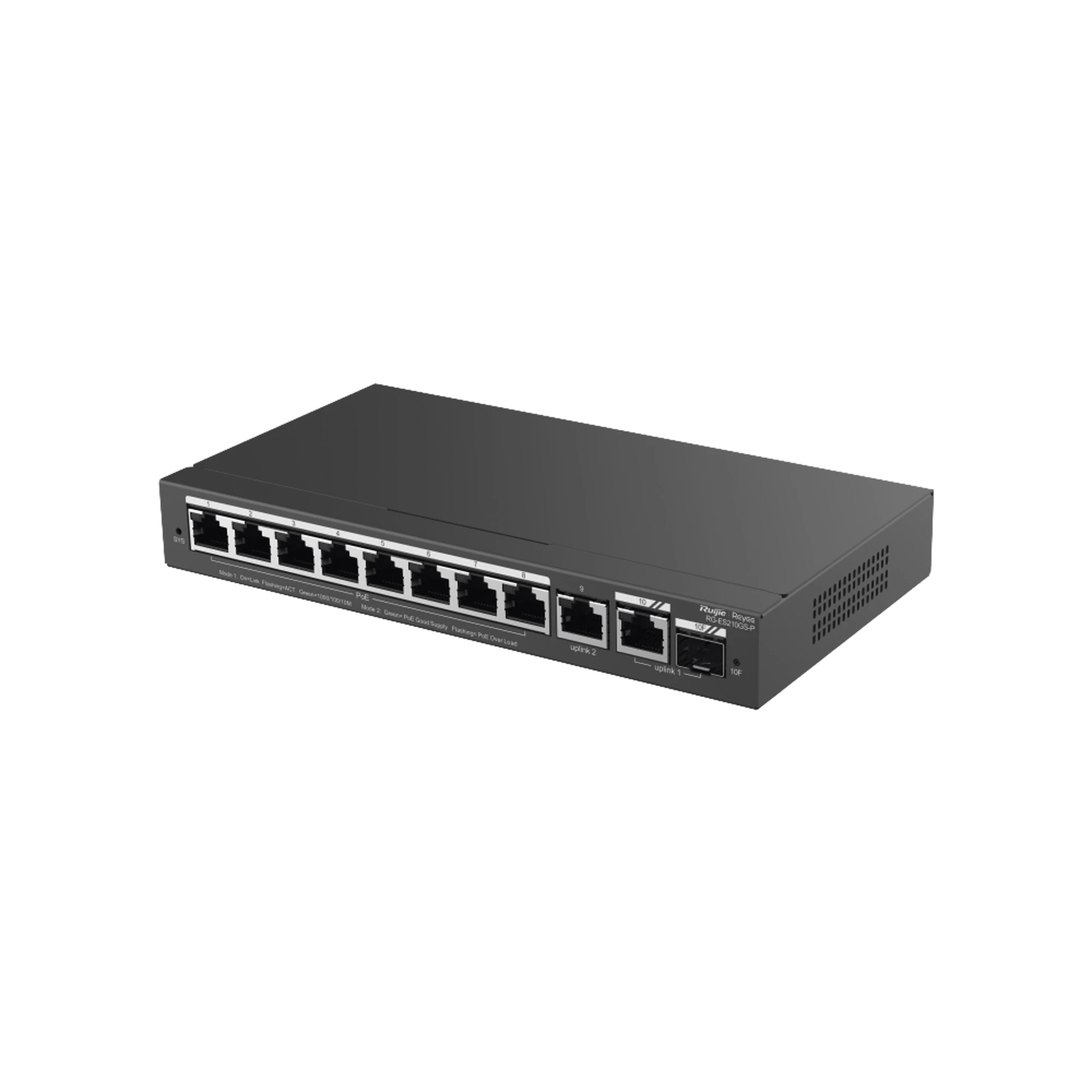 SWITCH ADMINISTRABLE CON 8 PUERTOS GIGABIT POE, 2 UPLINKS GIGABIT (1 SFP), GESTIÓN GRATUITA DESDE LA NUBE-Networking-RUIJIE-Bsai Seguridad & Controles