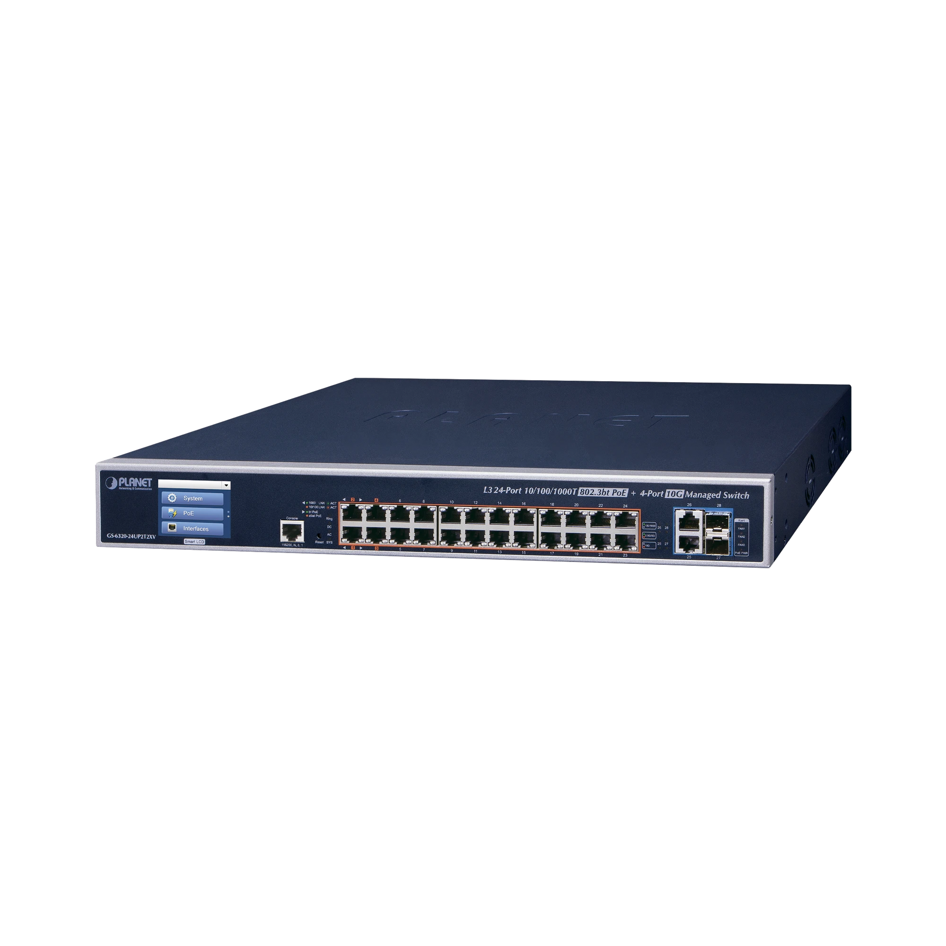 SWITCH ADMINISTRABLE L3, 24 PUERTOS GIGABIT POE 802.3BT, 2 PUERTOS 10G SFP+, PANTALLA TACTIL, FUENTE REDUNDANTE, (600W)-PoE de Largo Alcance-PLANET-Bsai Seguridad & Controles