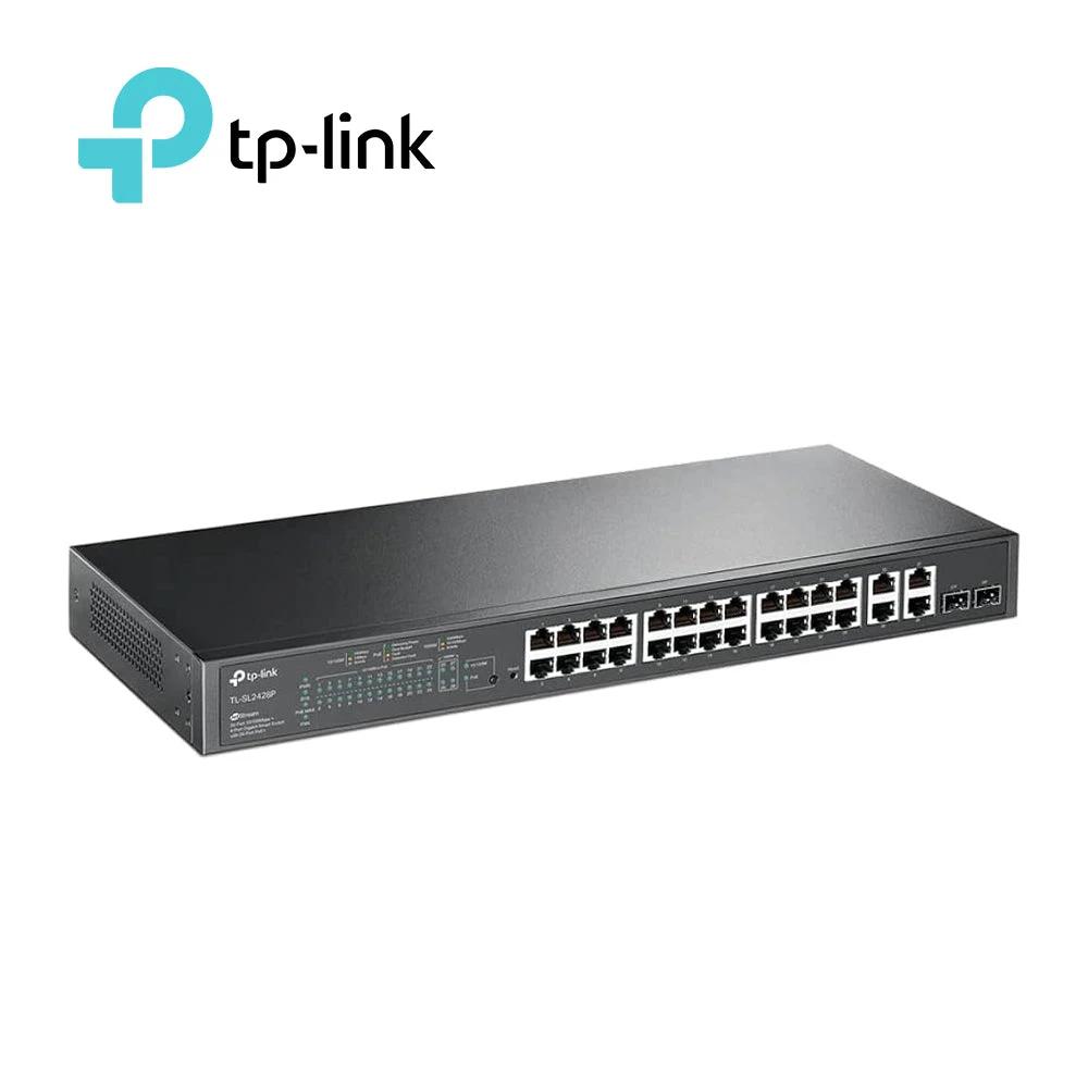 SWITCH ADMINISTRABLE TP-LINK SL2428P (TL-SL2428P) / 24 PUERTOS RJ45 POE AF/AT 10/100 MBPS + 2 PUERTOS GIGA RJ45 + 2 PUERTOS GIGA COMBO RJ45/SFP / POTENCIA POE TOTAL 250 W / IDEAL PARA RACK / USO INTERIOR / GESTION CENTRALIZADA CON OMADA-Switches-TP-LINK-SL2428P (TL-SL2428P)-Bsai Seguridad & Controles