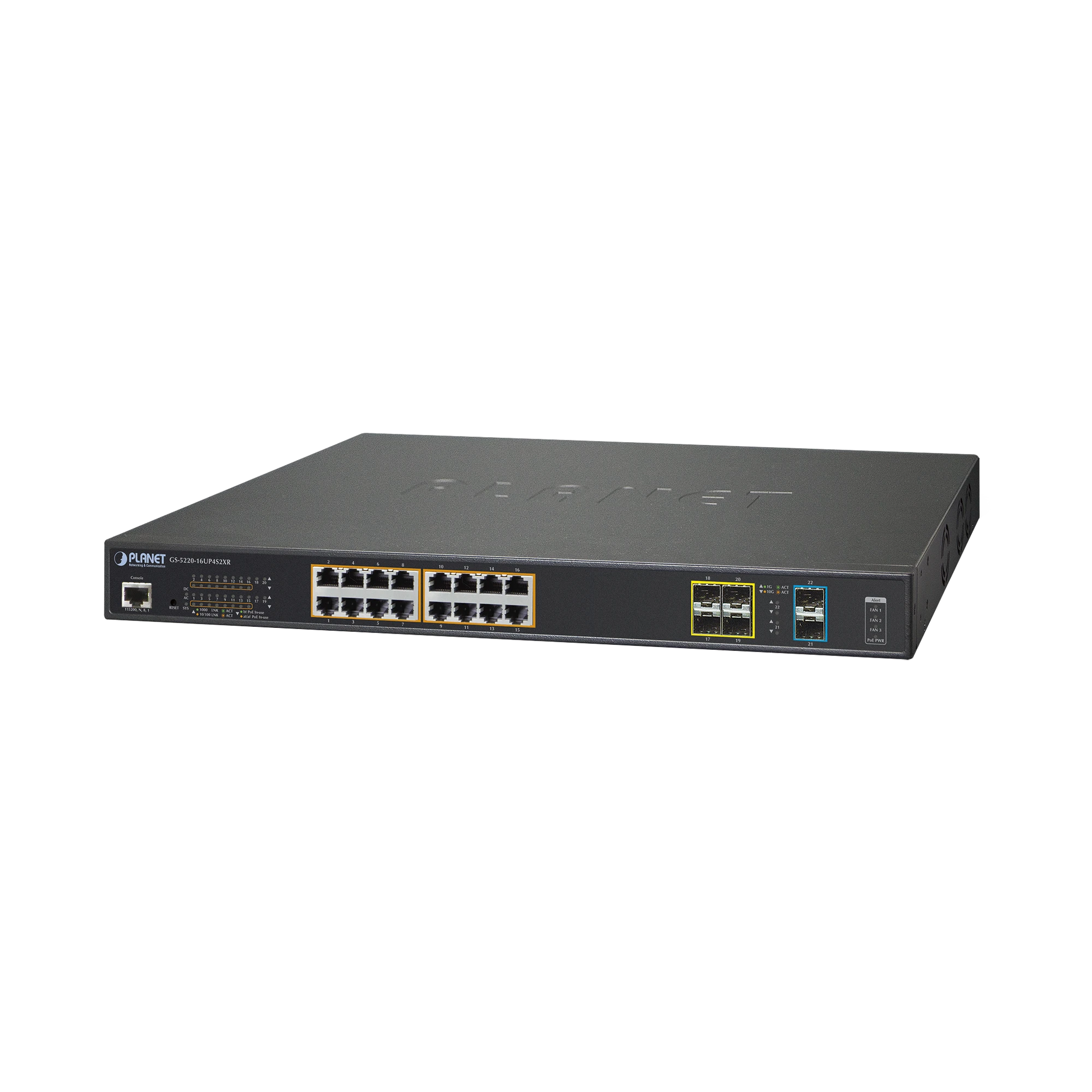 SWITCH ADMINSITRABLE L2+, 16 PUERTOS ULTRA POE 802.3BT, 4 PUERTOS SFP, 2 PUERTOS SFP+-PoE de Largo Alcance-PLANET-Bsai Seguridad & Controles