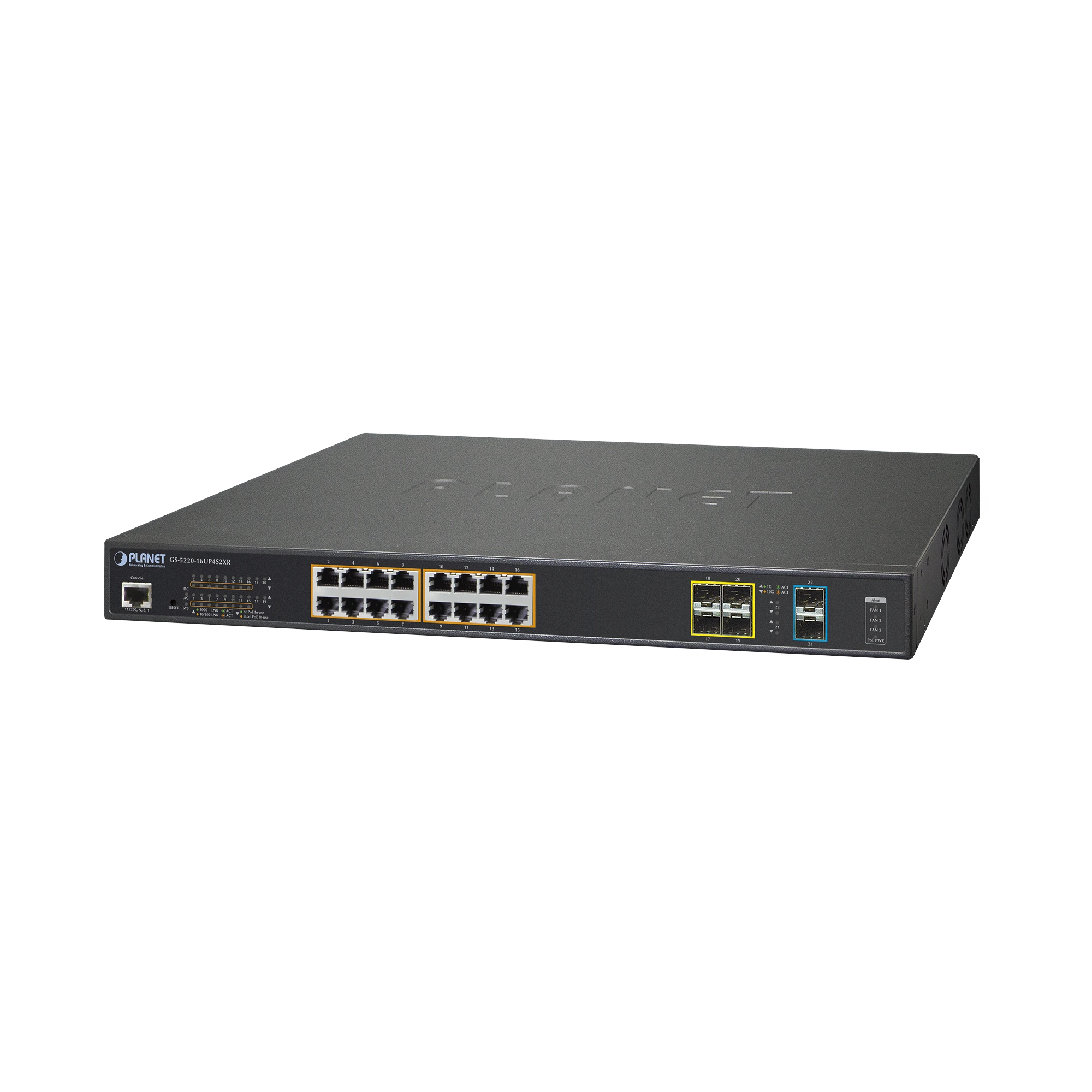 SWITCH ADMINSITRABLE L2+, 16 PUERTOS ULTRA POE 802.3BT, 4 PUERTOS SFP, 2 PUERTOS SFP+-PoE de Largo Alcance-PLANET-Bsai Seguridad & Controles