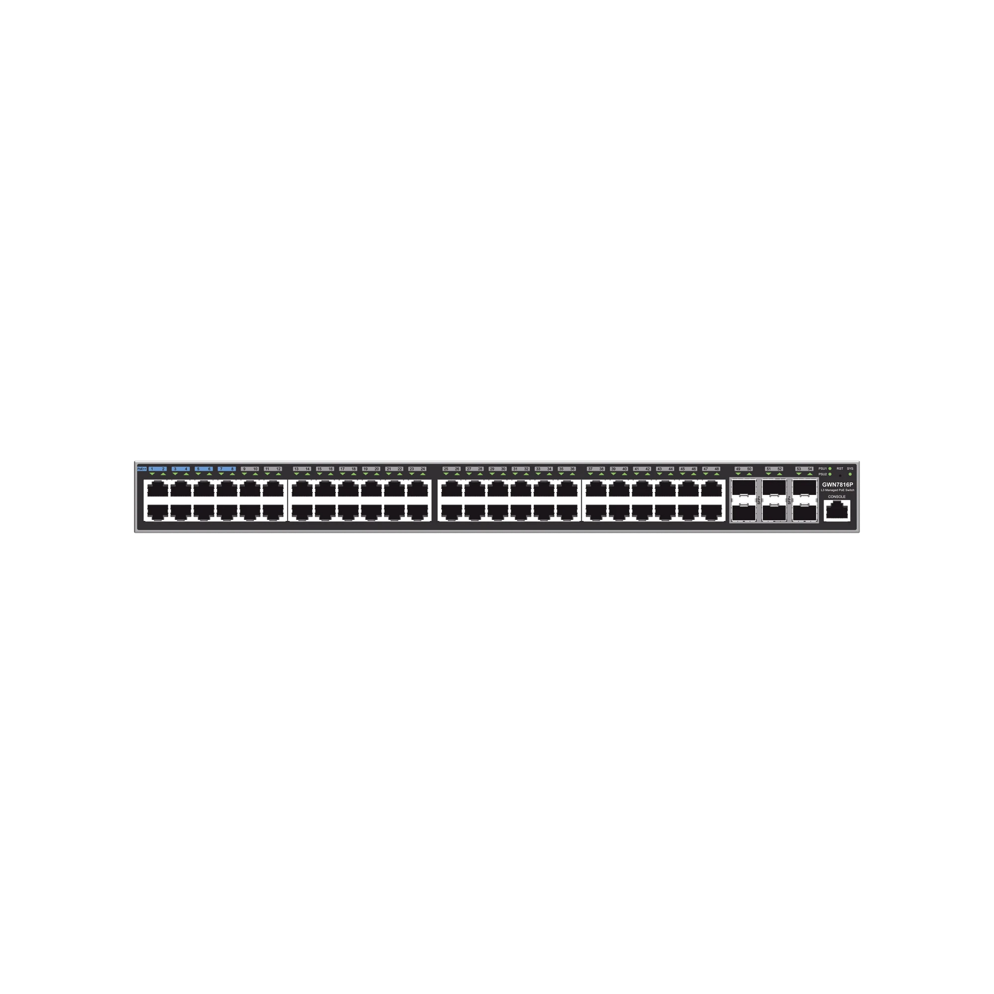 SWITCH CAPA 3 POE+ ADMINISTRABLE / 48 PUERTOS 10/100/1000 MBPS + 6 PUERTOS SFP+ DE 10 GIGABITS / HASTA 740W / COMPATIBLE CON GWN CLOUD.-Networking-GRANDSTREAM-GWN7816P-Bsai Seguridad & Controles