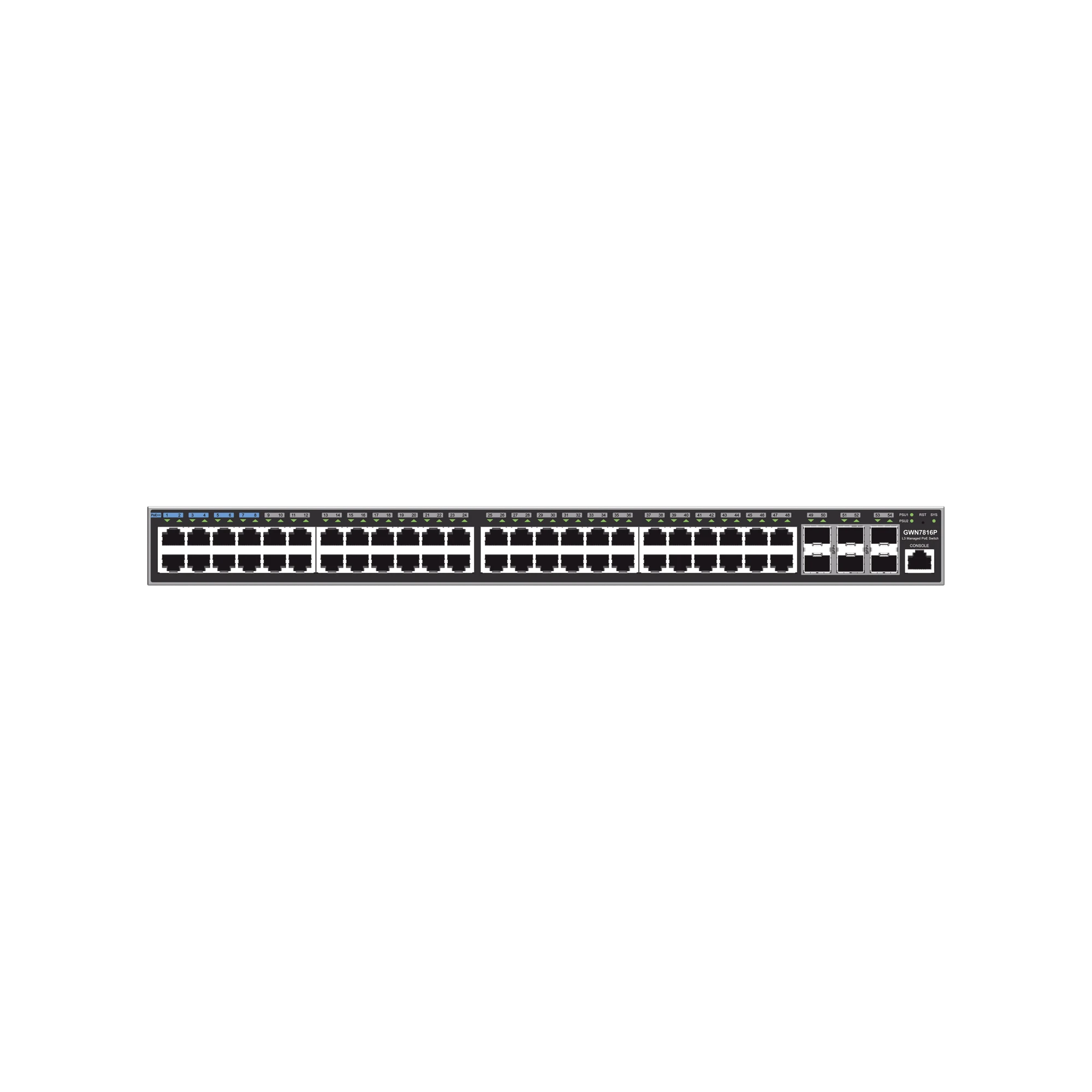 SWITCH CAPA 3 POE+ ADMINISTRABLE / 48 PUERTOS 10/100/1000 MBPS + 6 PUERTOS SFP+ DE 10 GIGABITS / HASTA 740W / COMPATIBLE CON GWN CLOUD.-Networking-GRANDSTREAM-GWN7816P-Bsai Seguridad & Controles