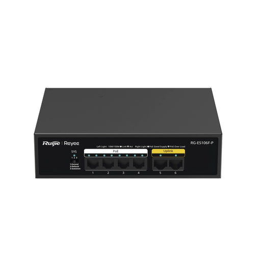 SWITCH DE 6 PUERTOS 10/100 MBPS, POE+ HASTA 54 WATTS, NO ADMINISTRABLE-Networking-RUIJIE-RG-ES106F-P-Bsai Seguridad & Controles