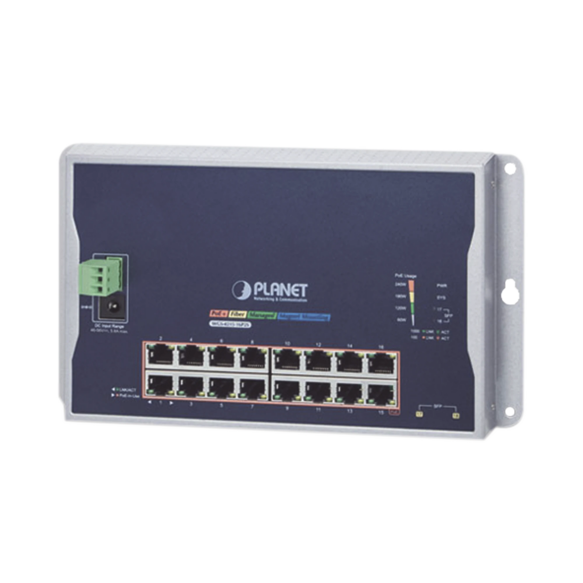SWITCH INDUSTRIAL ADMINISTRABLE CAPA 2 DE PARED,16 PUERTOS POE 802.3AT GIGABIT Y 2 PUERTOS SFP-Networking-PLANET-Bsai Seguridad & Controles