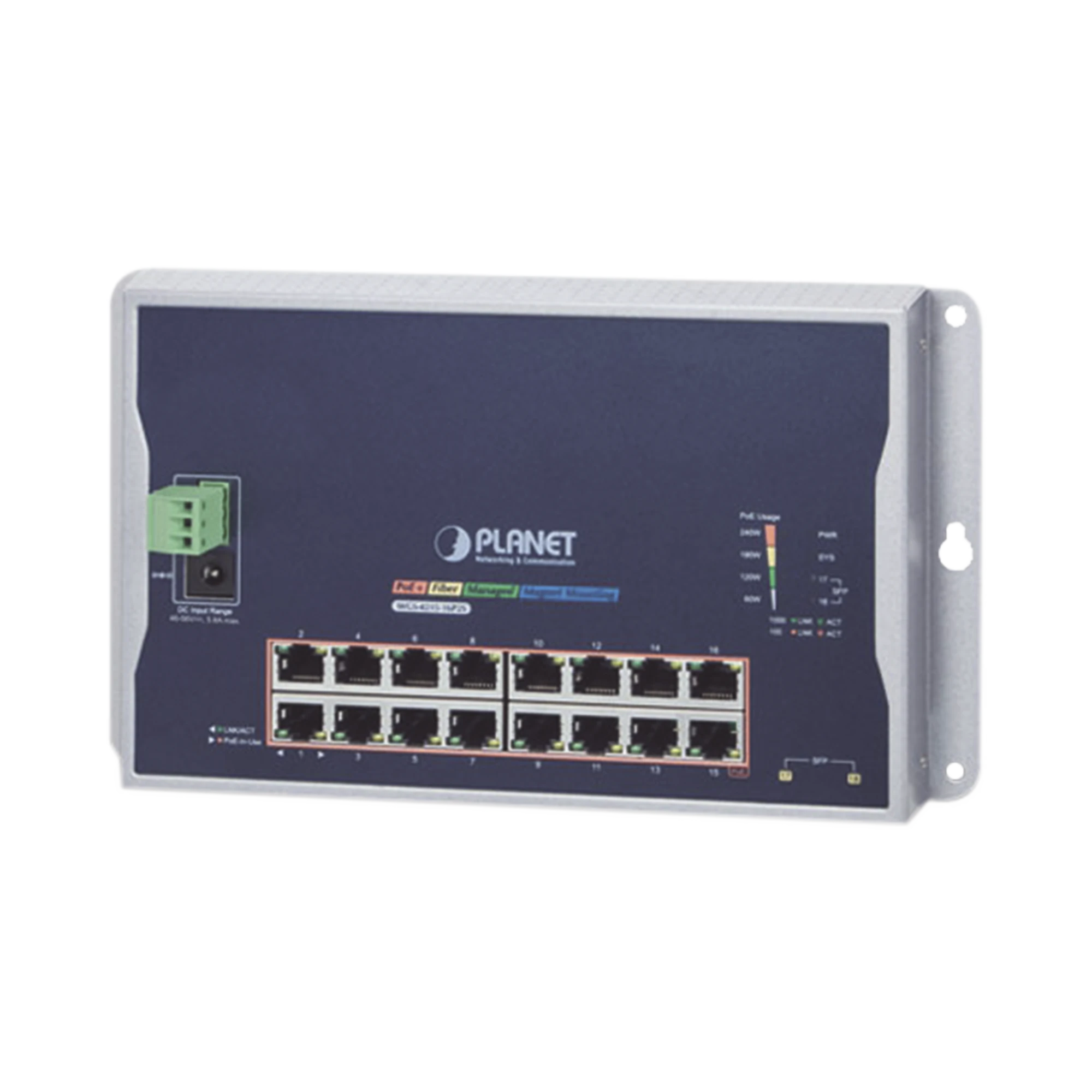 SWITCH INDUSTRIAL ADMINISTRABLE CAPA 2 DE PARED,16 PUERTOS POE 802.3AT GIGABIT Y 2 PUERTOS SFP-Networking-PLANET-Bsai Seguridad & Controles