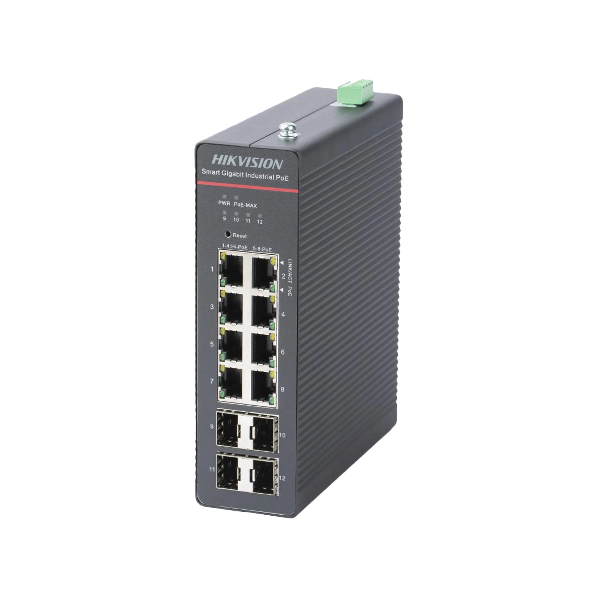 SWITCH INDUSTRIAL ADMINISTRABLE GIGABIT / 4 PUERTOS GIGABIT POE+ (90 W) + 4 PUERTOS GIGABIT POE+(30 W) / 4 PUERTOS GIGABIT SFP / 300 W TOTAL / 48 A 57 VCD / IDEAL PARA PROYECTOS / 300 METROS DE DISTANCIA-Networking-HIKVISION-Bsai Seguridad & Controles