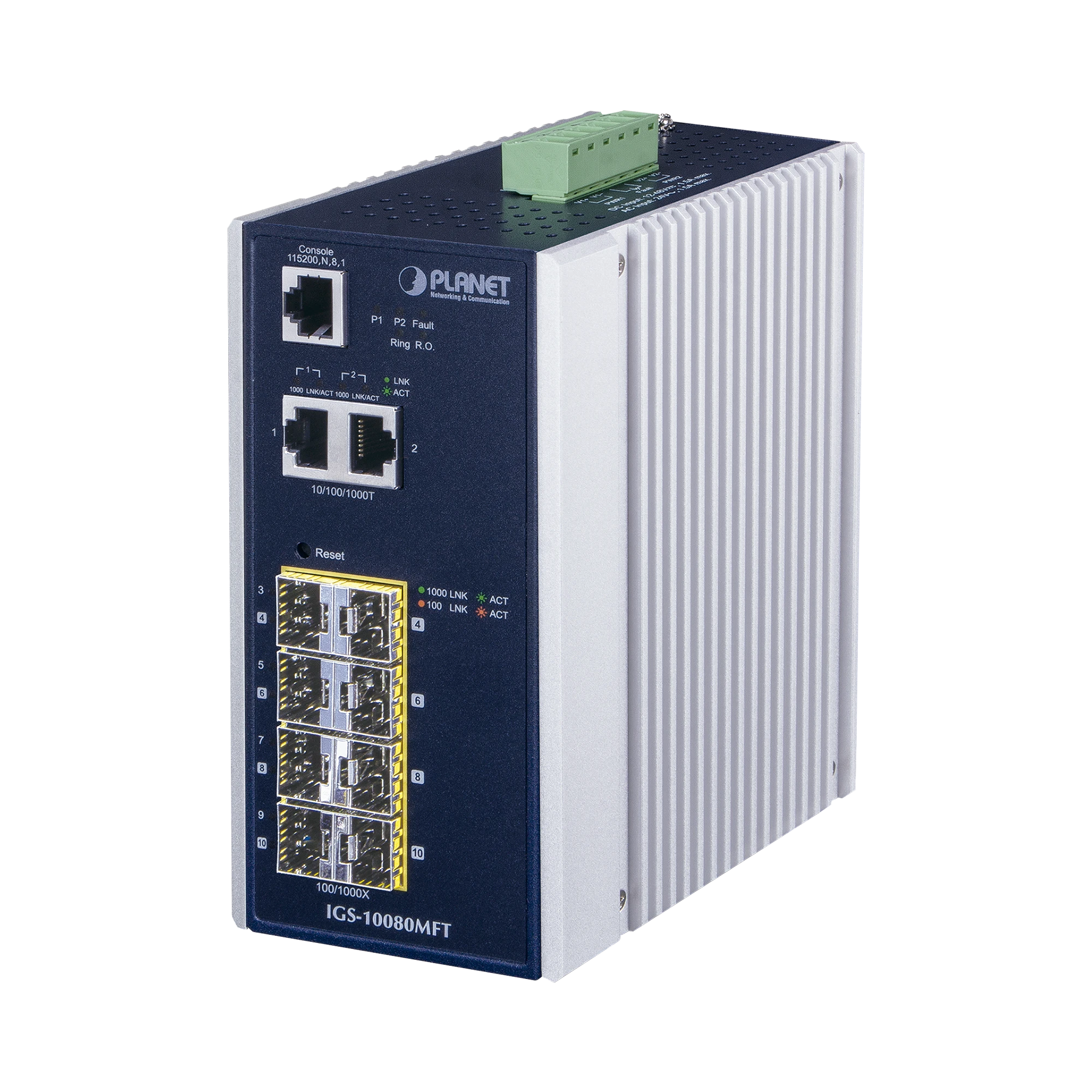 SWITCH INDUSTRIAL ADMINISTRABLE L2+, 8 PUERTOS 1G SFP, 2 PUERTOS TP GIGABIT, (-40 ~75 GRADOS C)-Networking-PLANET-Bsai Seguridad & Controles